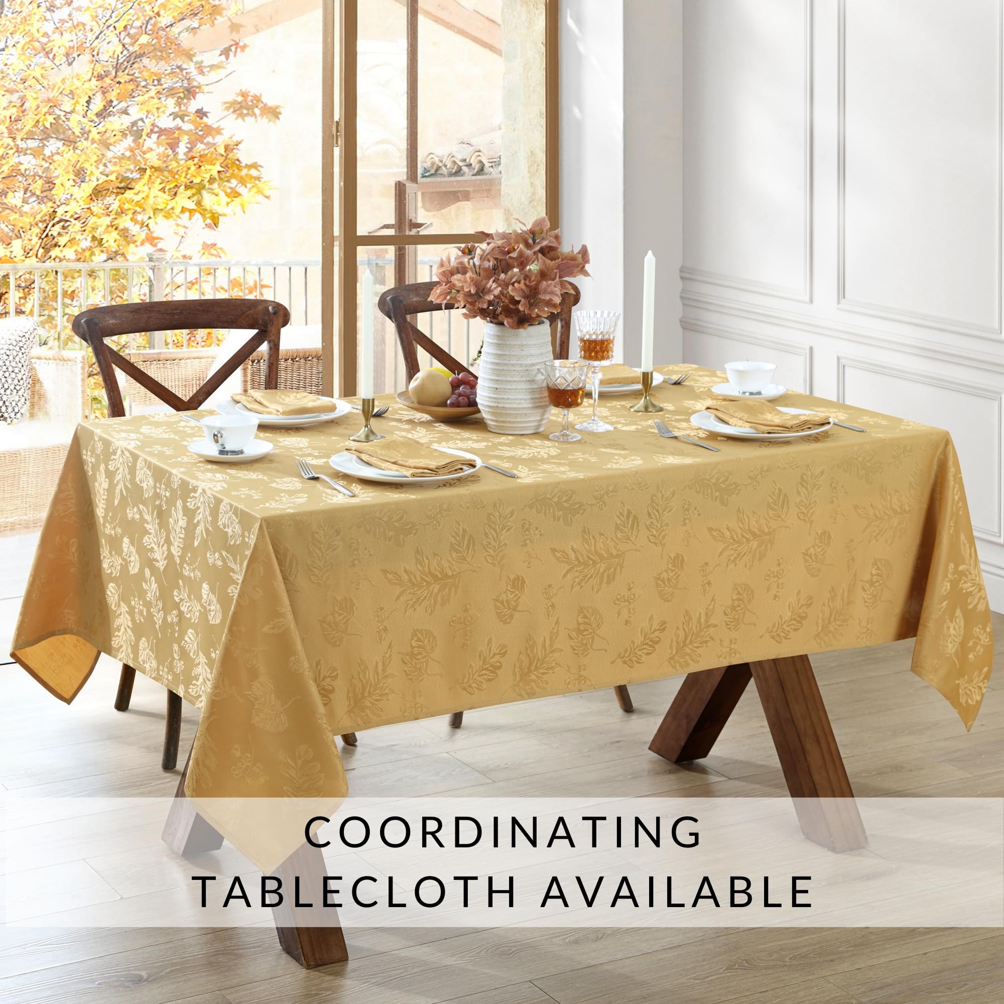 Elrene Home Fashions Elegant Woven Leaves Jacquard Damask Cloth Napkin Set, 17'' X 17'', Pack Of 8, Gold