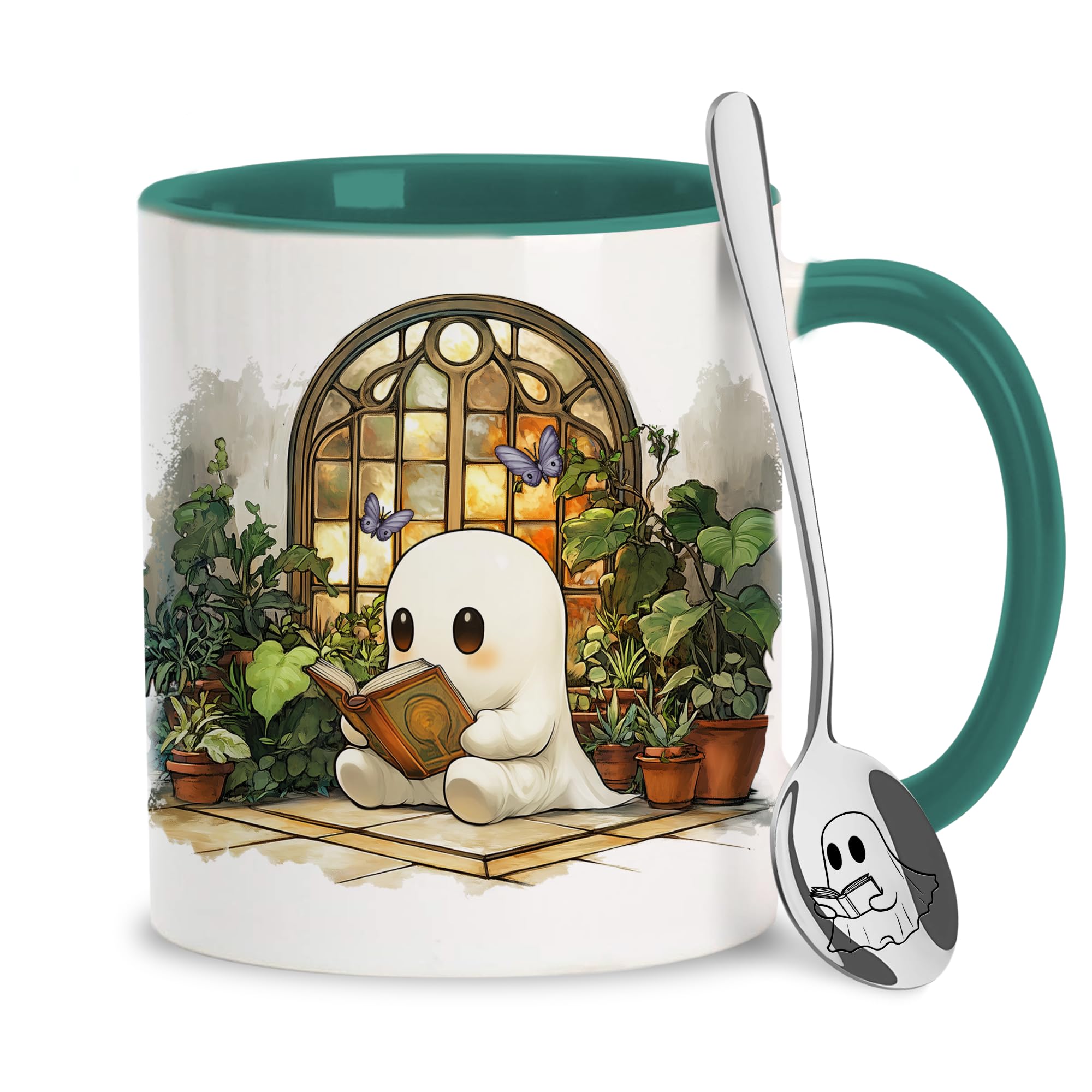 Hyturtle Cute Ghost Reading Coffee Mug with Spoon Gifts For Book Lovers, Plant Lovers On Birthday Christmas, Reading Cup Gifts F