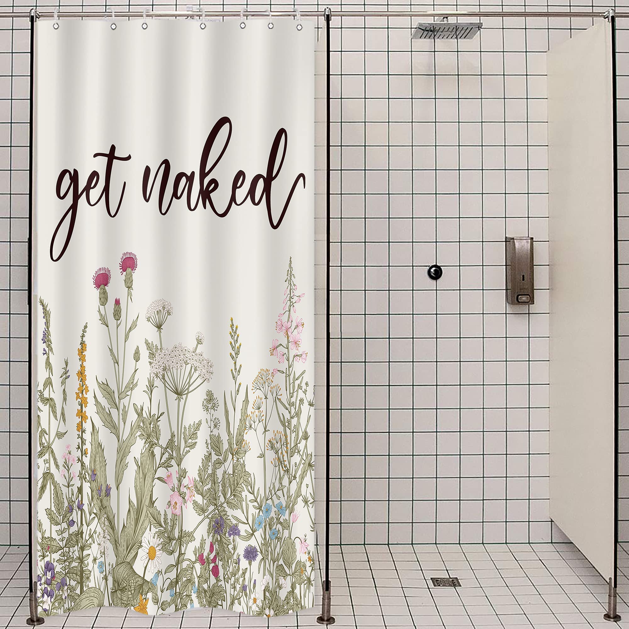 Riyidecor Stall Get Naked Wildflower Small Half Shower Curtain 36Wx72H Inch Farmhouse Flower Botanical Floral Herbs Decor Bathroom Windows Balconies Fabric Polyester Waterproof 7 Pack Plastic Hooks