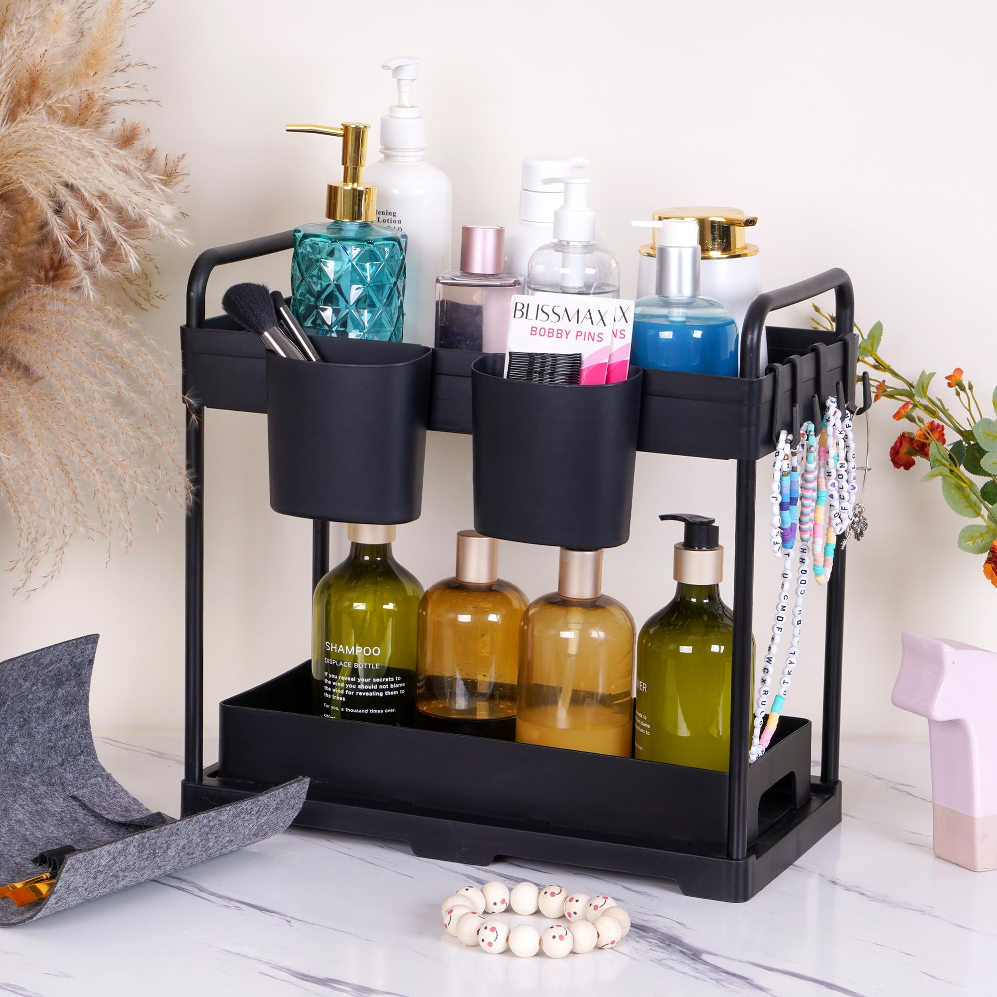 2 Pack Under Kitchen Sink Organizers Storage, 2-Tier Sliding Under Bathroom Cabinet Storage Drawer Organizer With Hooks, Hanging