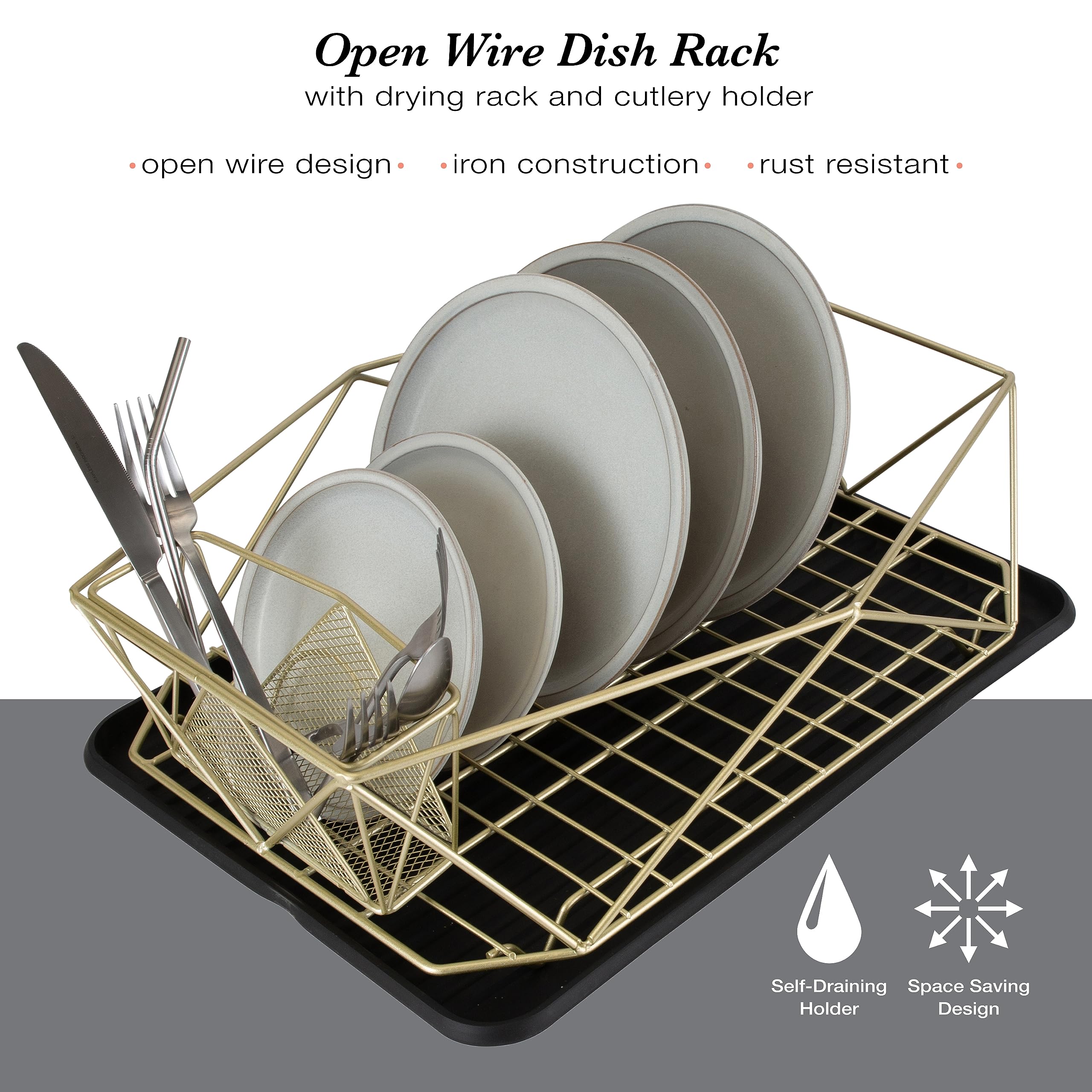 Kitchen Details Geode Deluxe Dish Drying Rack With Drain Board | Cutlery Basket | Utensil Holder | Iron Frame | Satin Gold