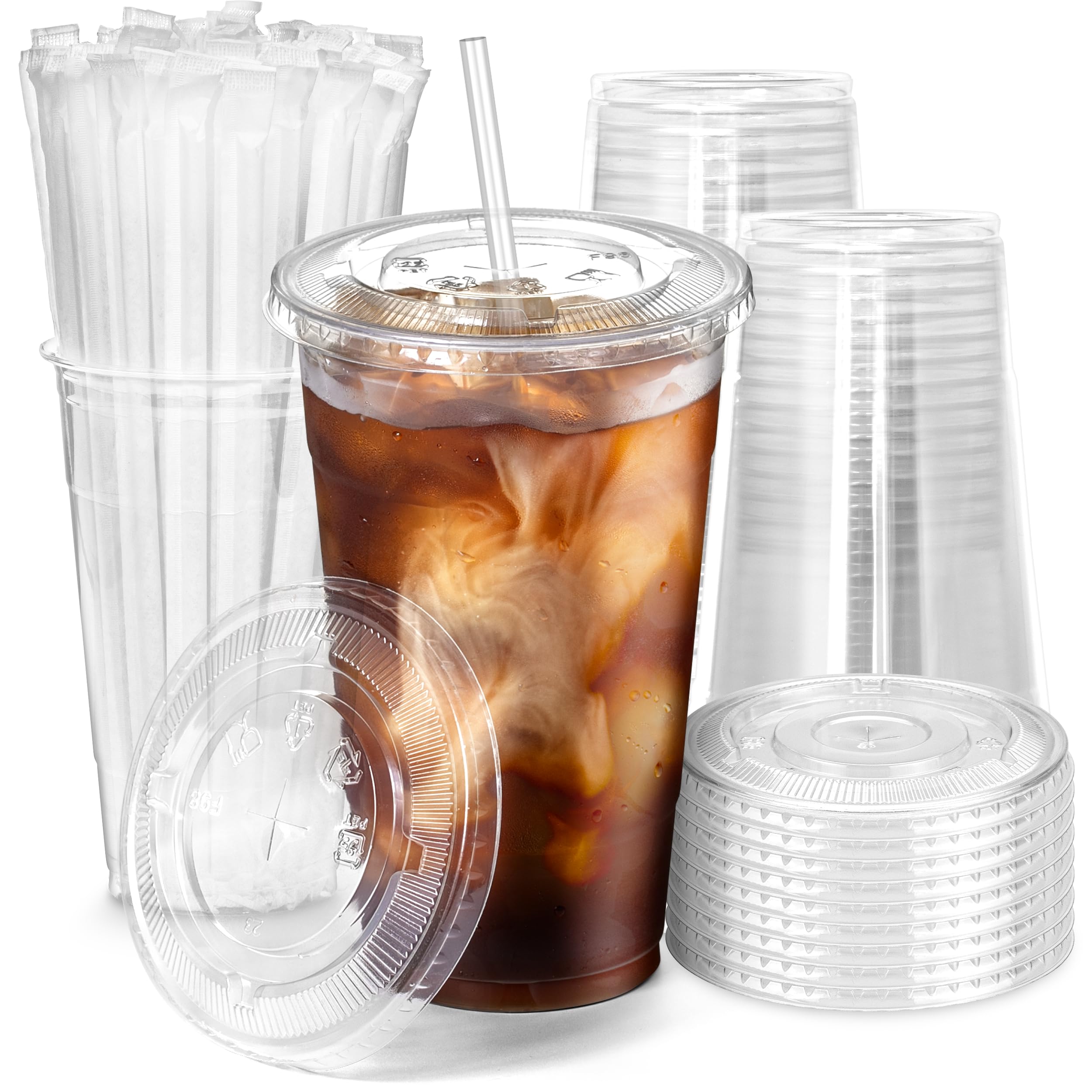 [100 Pack] 24 Oz Clear Plastic Cups With Flat Lids And Clear Straws, Disposable Iced Coffee Cups, Bpa Free Crystal Lemonade Cup
