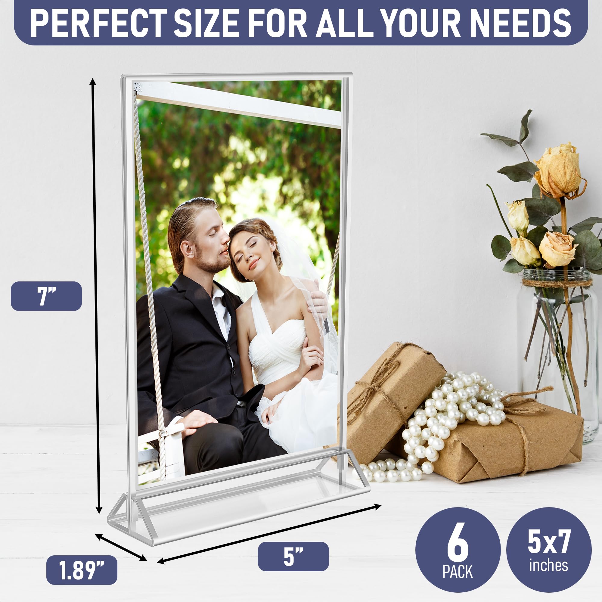 Silver Picture Frames Double Sided - 6 Pack - 5x7 Acrylic Silver Table Number Holders  clear Easel Table Stands for Signs  Silver Frames for Wedding Table Numbers  Menu Holder  Photo Frame