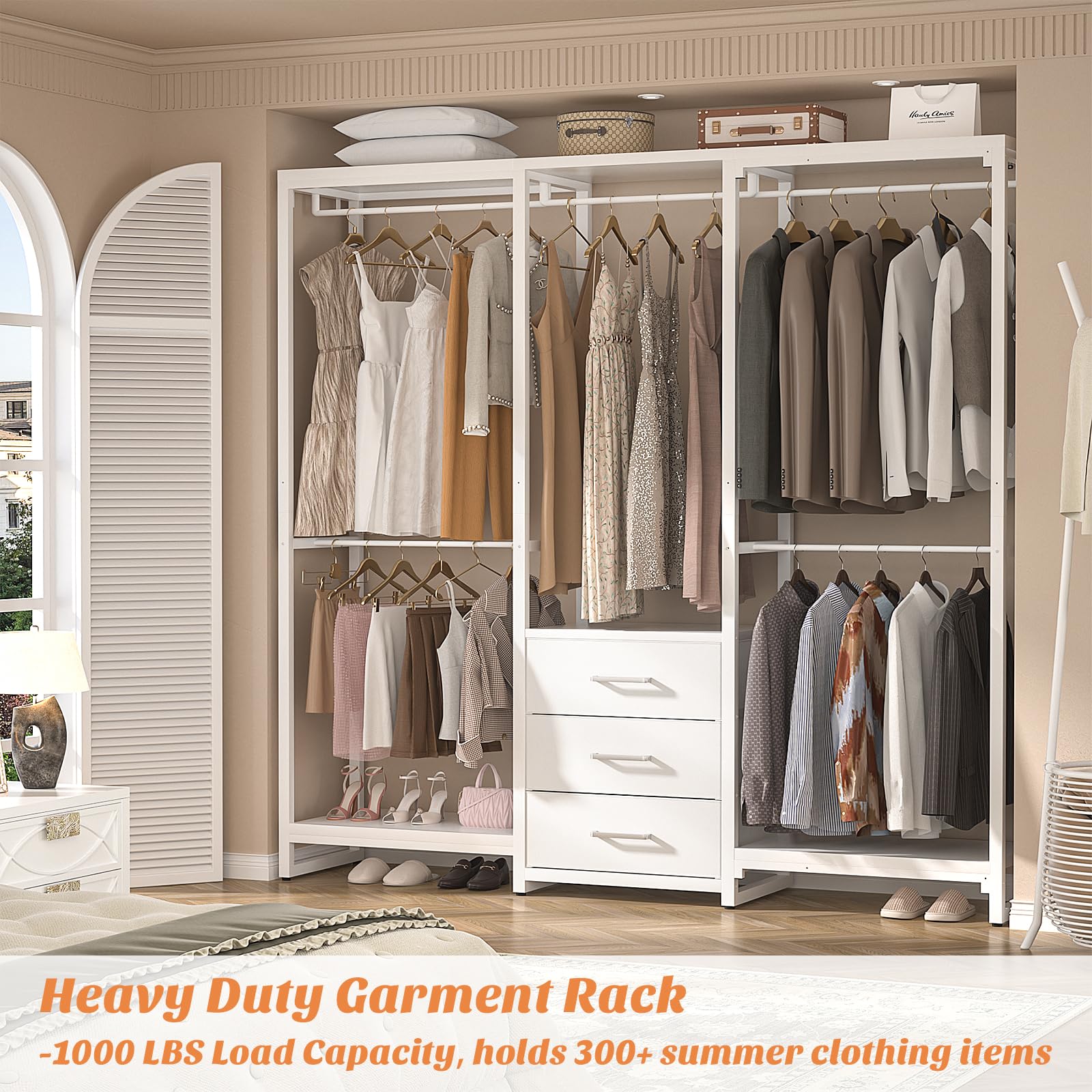 Aheaplus Garment Rack Heavy Duty Clothes Rack For Hanging Clothes,Clothing Rack With Drawers, Wood Stoarge Shelf Freestanding Cl