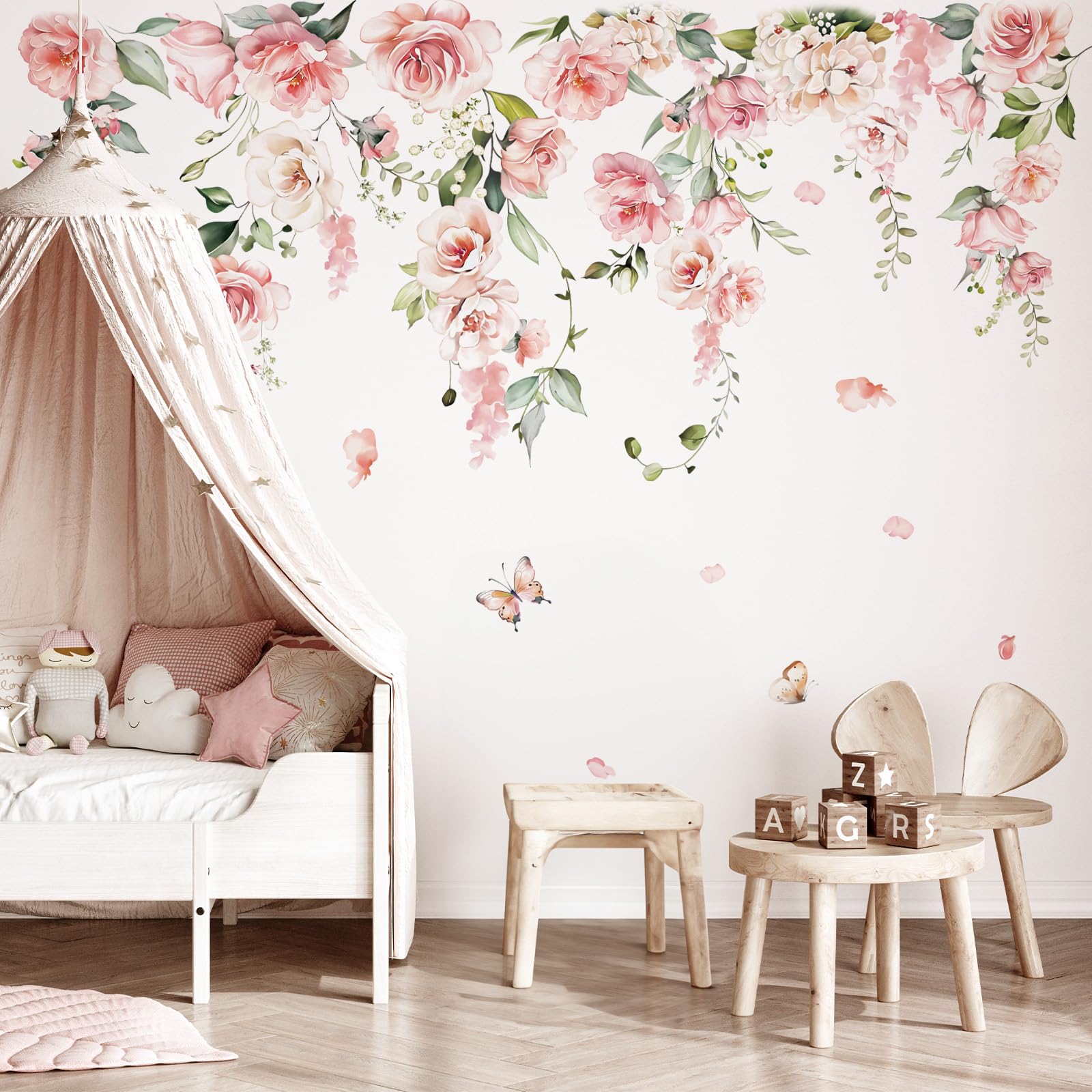 Decalmile Spring Large Pink Flower Wall Decals Hanging Vine Floral Wall Stickers Baby Nursery Girls Bedroom Living Room Wall Dec