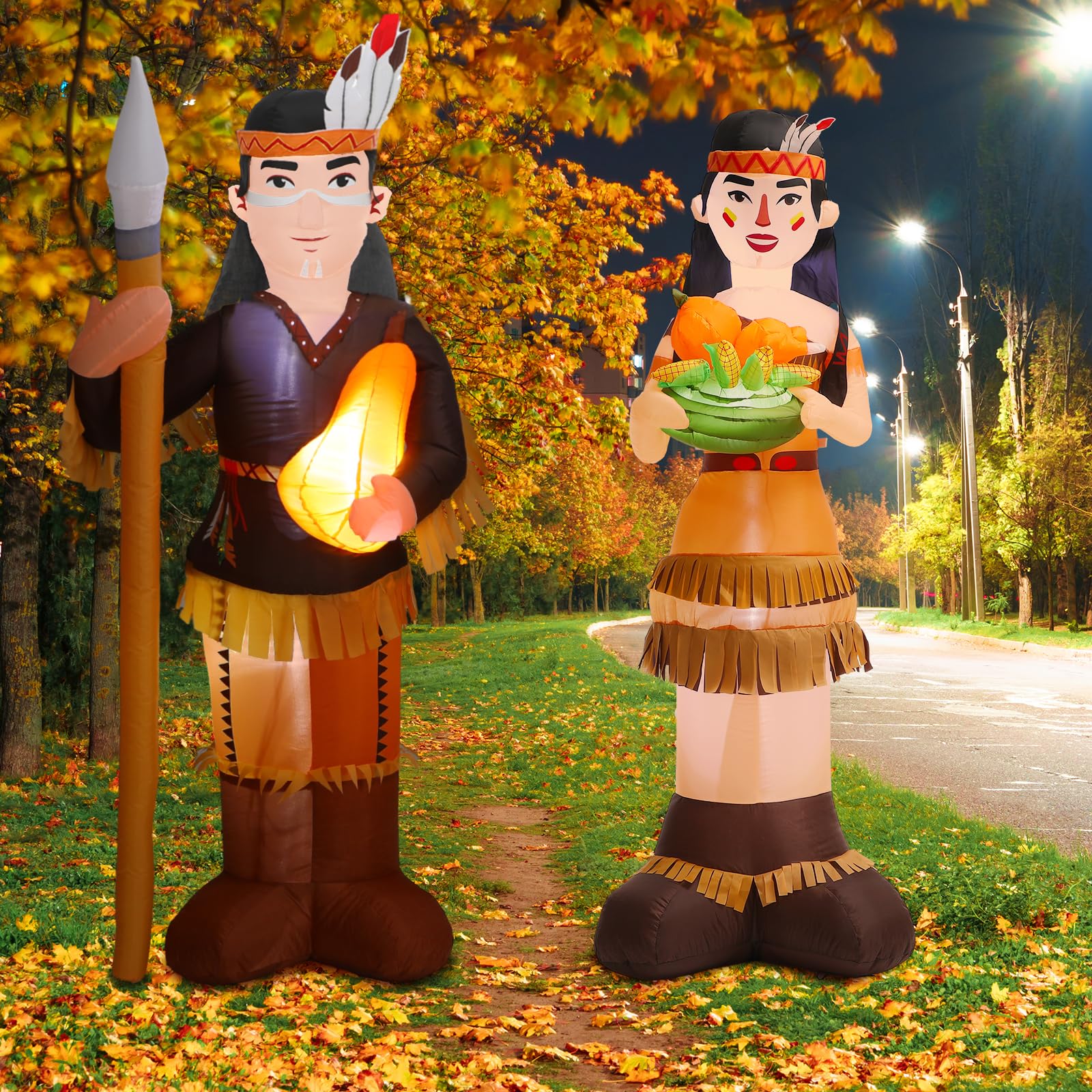 Leyndo 6ft Thanksgiving Harvest Native American Inflatable Outdoor Decorations Indian Man & Woman Combo Blow up Decoration with