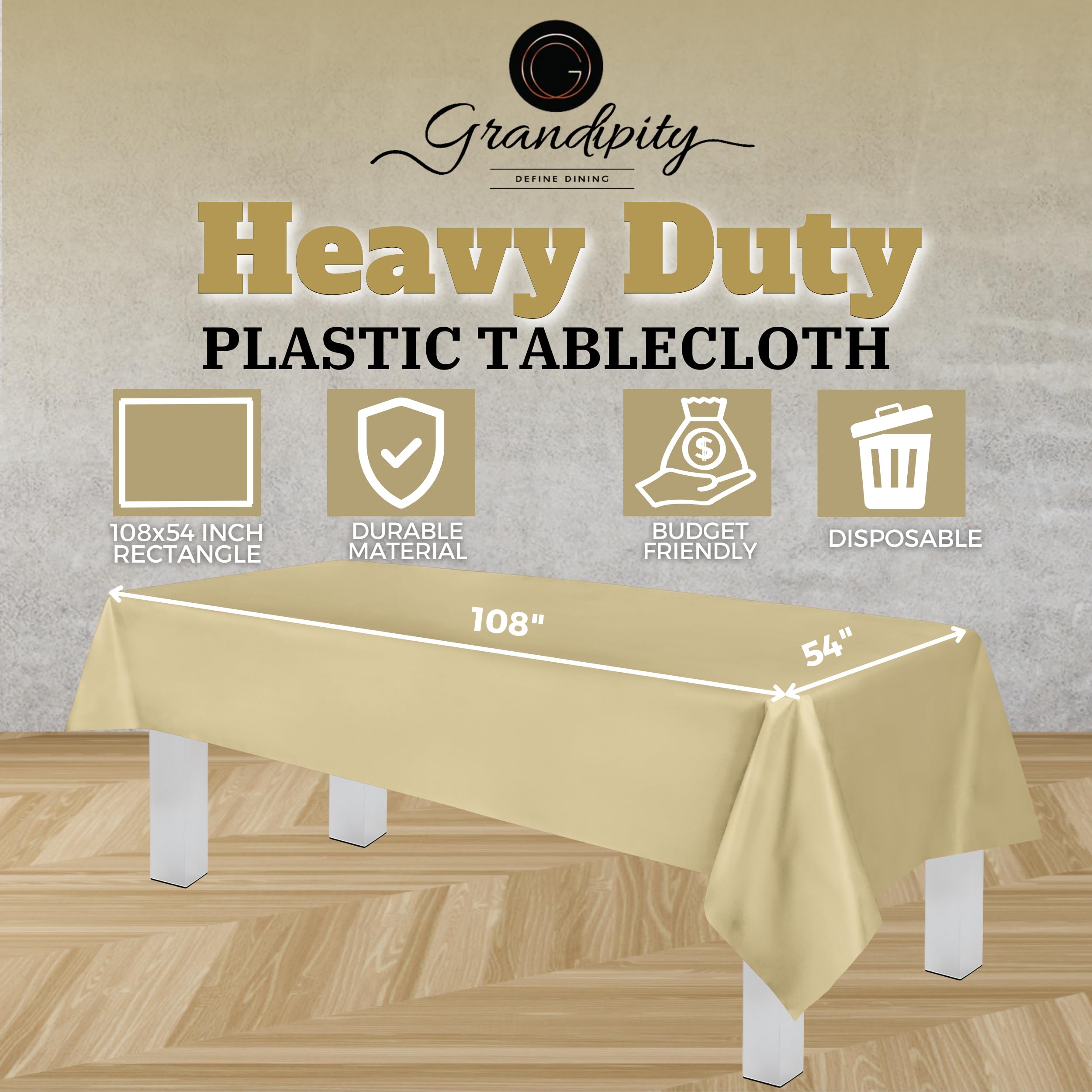 Grandipity Beige Plastic Table Cloth Disposable (6 Pk) 54In X 108In Plastic Tablecloths For Rectangle Tables - Premium Party Tab