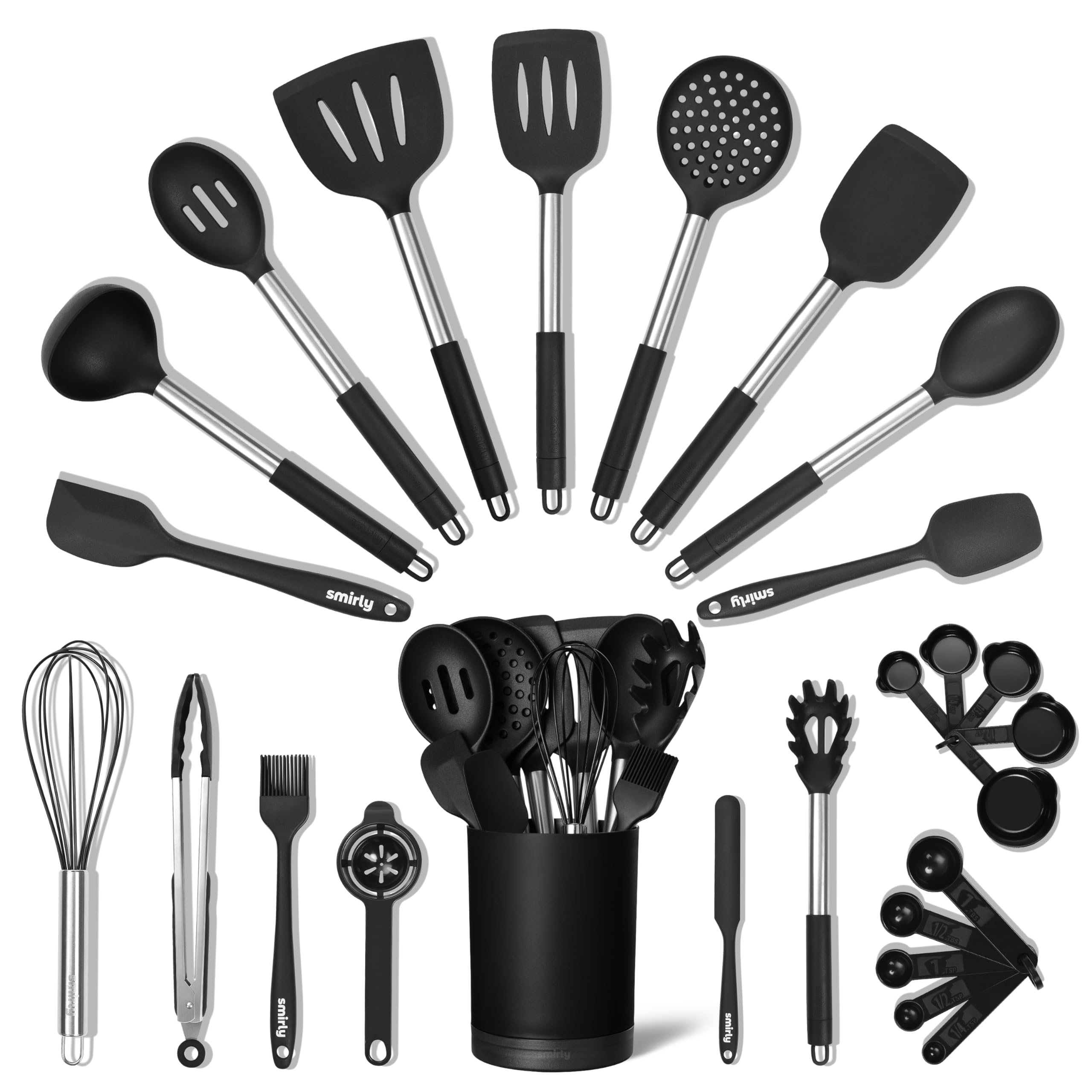 Smirly Silicone Cooking Utensils Set With Holder - Kitchen Tools For Nonstick Cookware