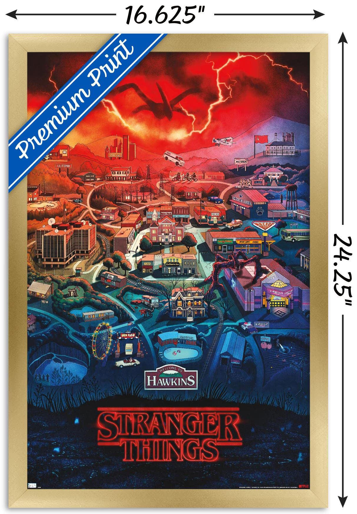 Trends International Netflix Stranger Things: Season 4 - Hawkins, Indiana Wall Poster, 14.725'' X 22.375'', Gold Framed Version