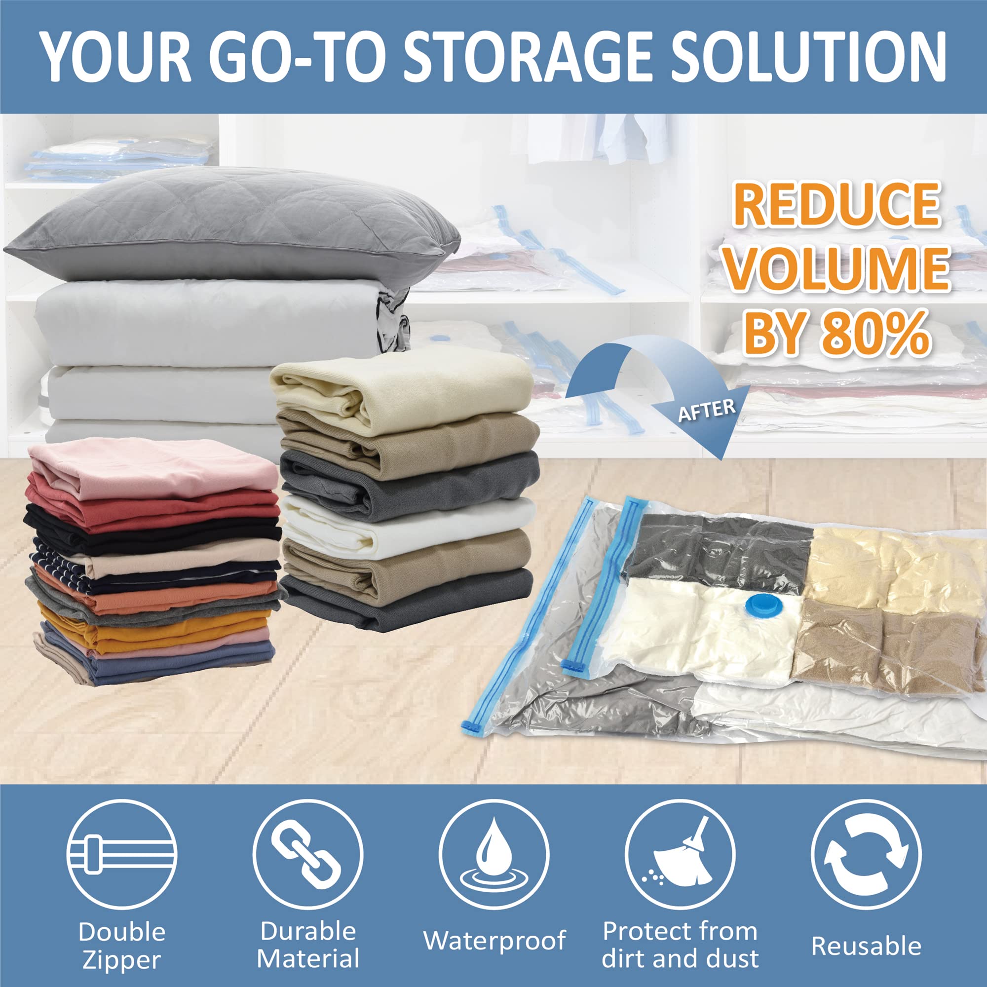 12 Pack Space Saver Bags (2 Jumbo/2 Large/2 Medium/2 Small/4 Roll) Compression Storage Bags for Comforters and Blankets  Vacuum Sealer Bags for Clothes Storage  Hand Pump Included