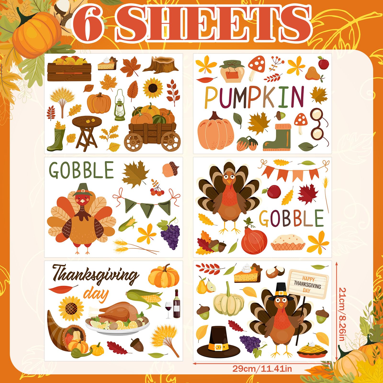 115 Pcs 6 Sheets Thanksgiving Wall Decals Fall Wall Stickers Thanksgiving Maple Leaves Turkey Pumpkin Stickers Fall Window Cling