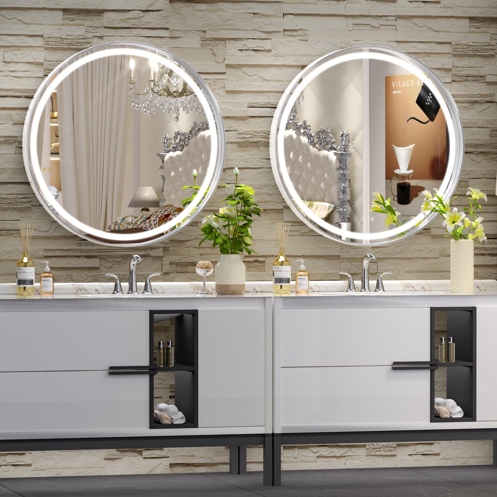 Hasipu 24 Round Led Mirror For Bathroom With Lights, Silver Circular Vanity Mirror For Wall, Metal Framed Frontlit Bathroom Mirr