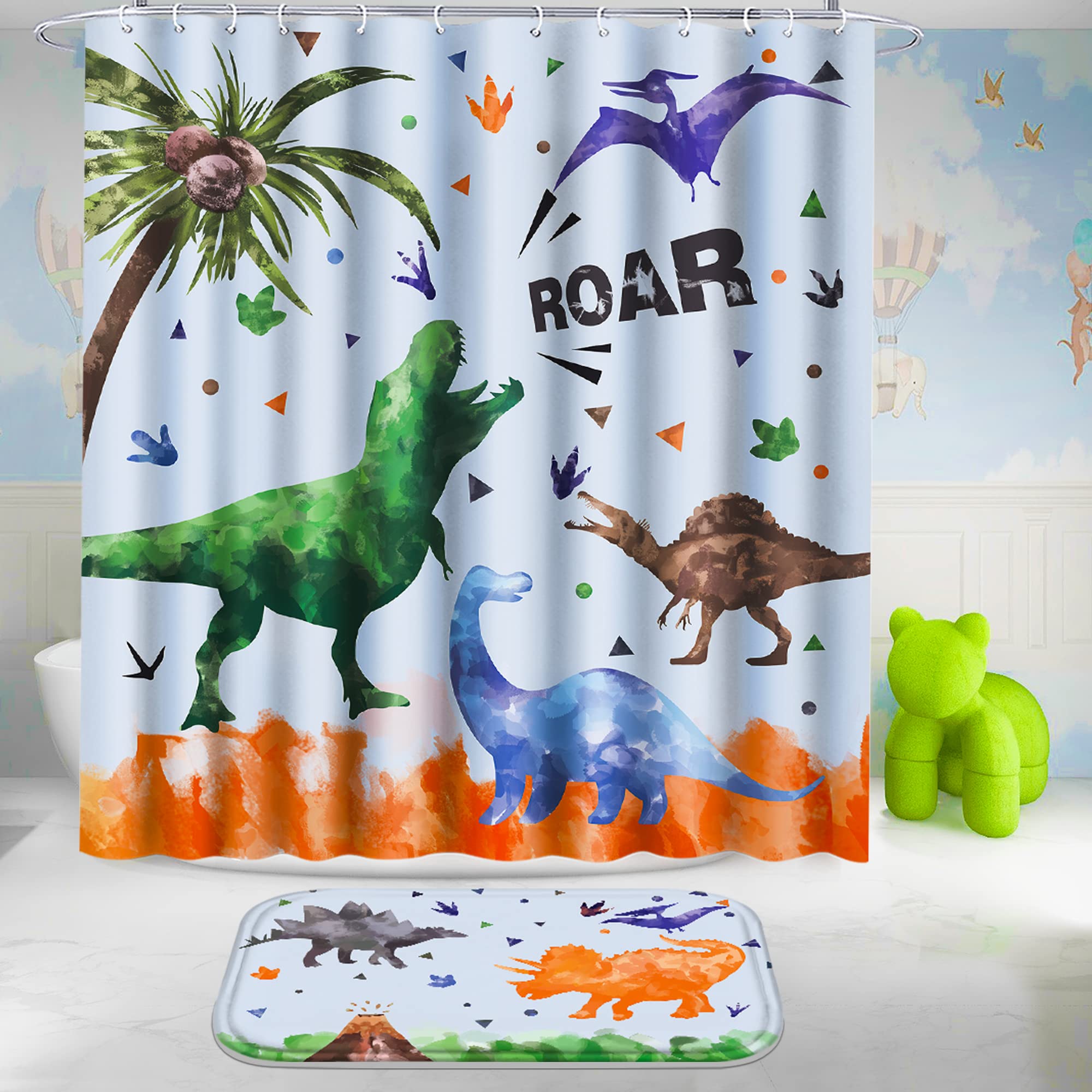 Poedist Shower Curtain Set with Rugs Kid's Bathroom Accessory Set  Including Non-Slip Rugs Toilet Lid Cover and Bath Mat  Waterproof Shower Curtain with 12 Hooks Dinosaur Footprints