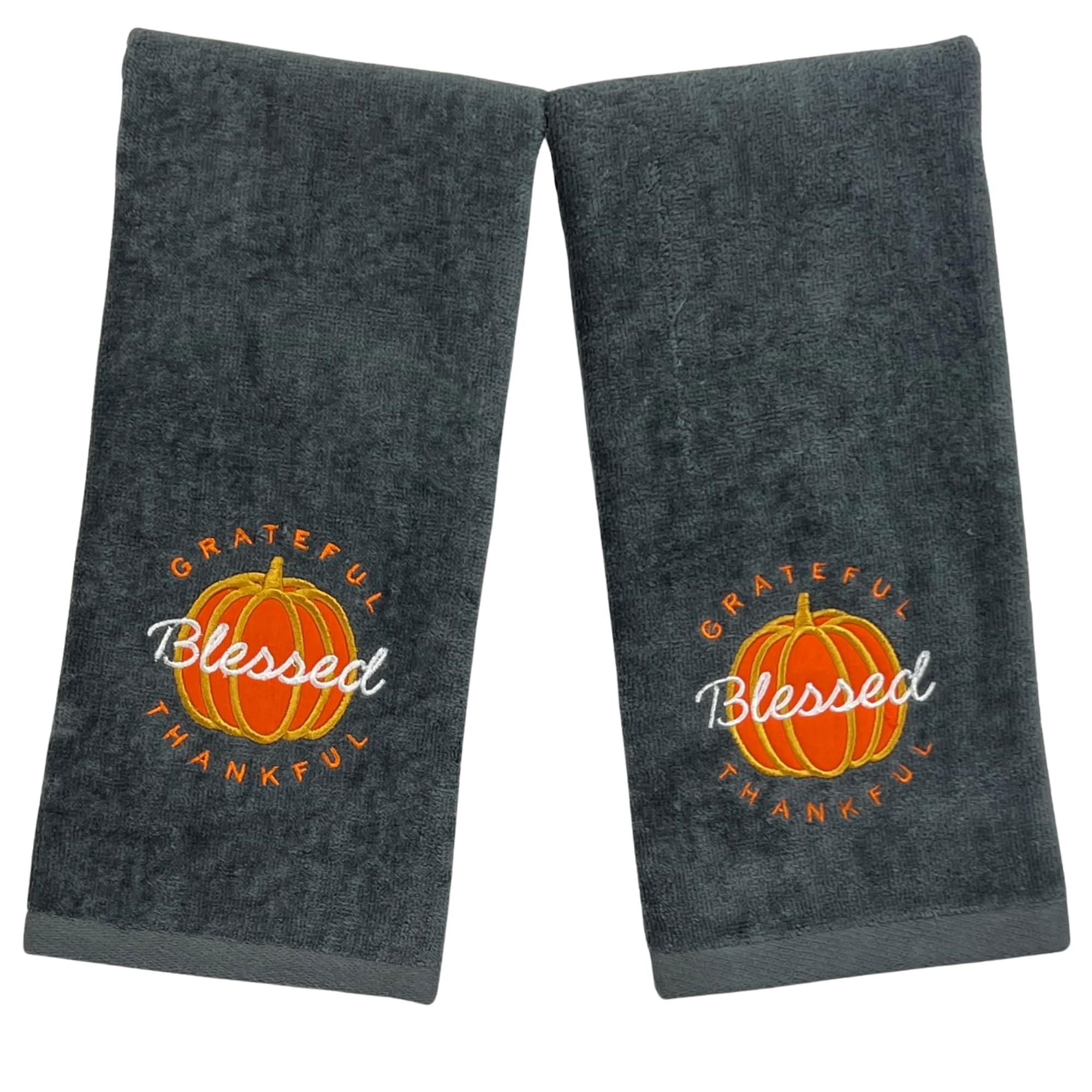 Serafina Home Fall Hand Towels: Grateful Thankful Blessed Orange Pumpkin Embroidery On Grey Cotton, 2 Piece Set, 16'' X 25'' Inc