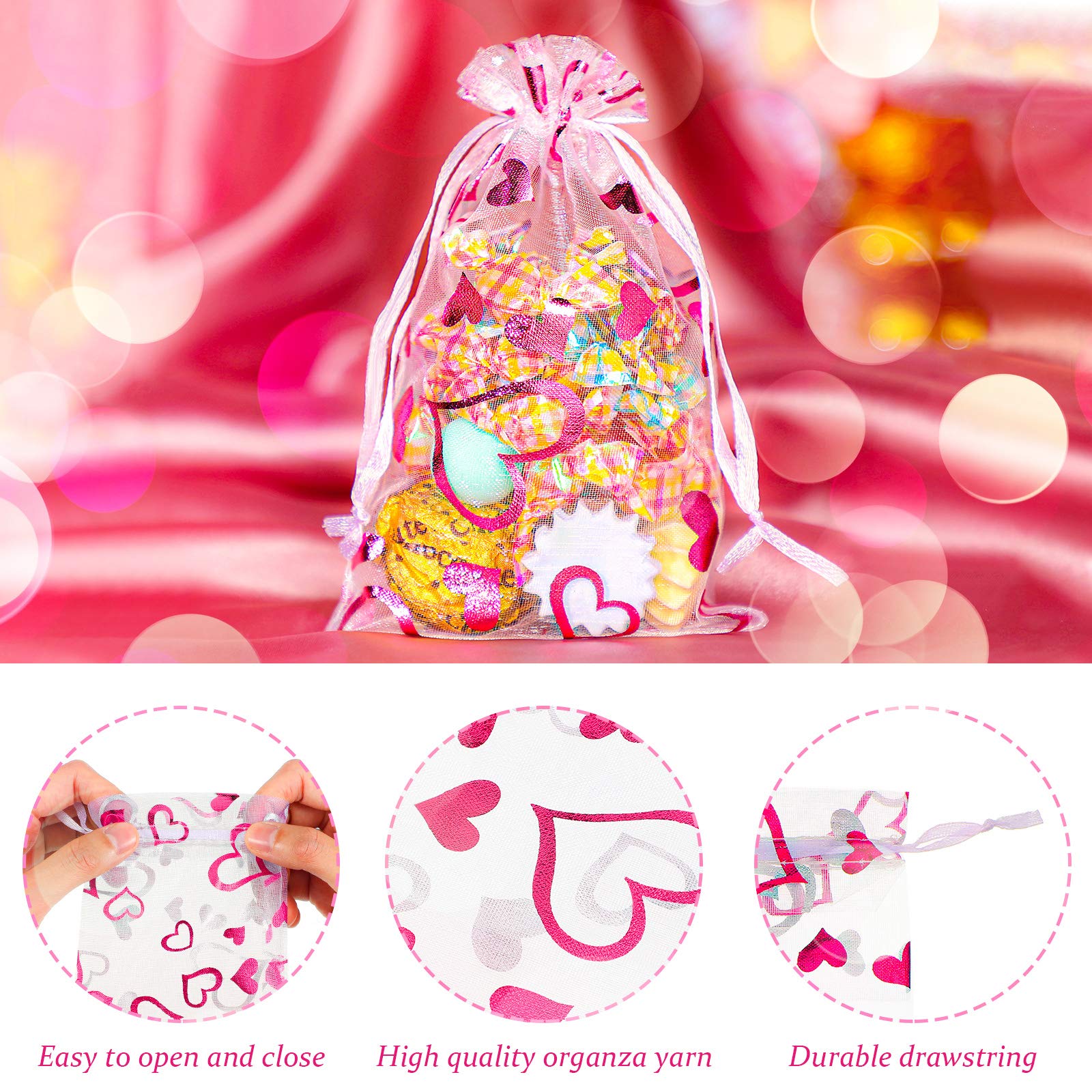 Shappy 100 Pieces Heart Organza Bags with Drawstring Jewelry Pouch Bags Candy Cookies Packaging Bags for Mother's Day Birthday Wedding Festival Party Favor Supply (Red  Rose Red 2.8 x 3.5 Inch)