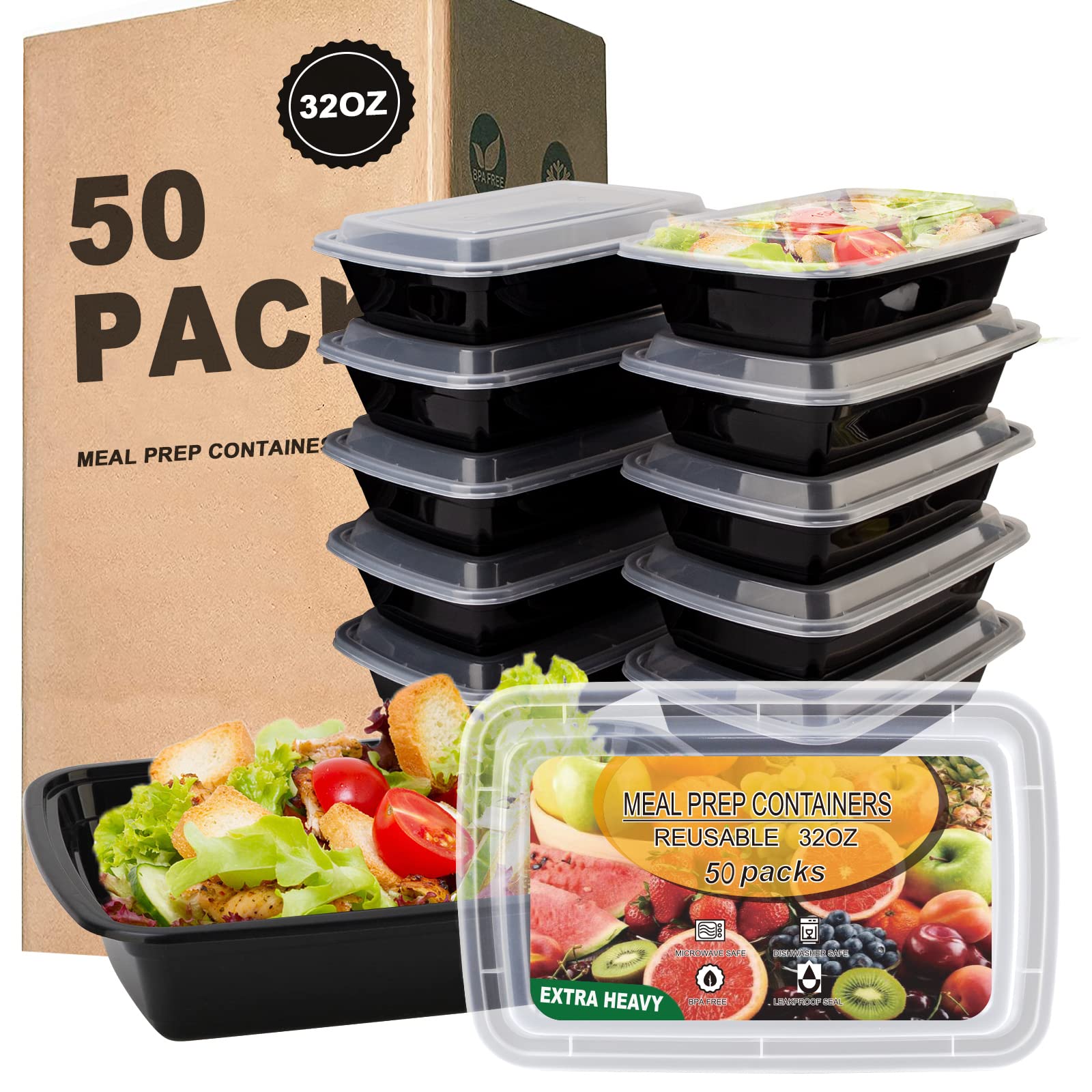 Ezalia 50 Pack- Meal Prep Containers 32Oz, Plastic Food Prep Containers Reusable, Leakproof To Go Food Containers With Lids, Bpa