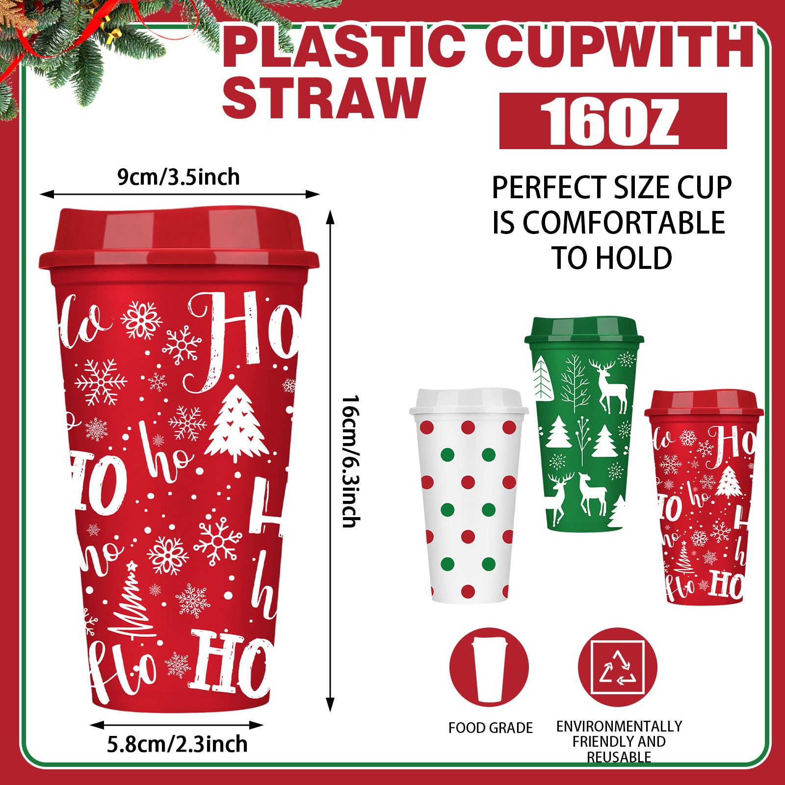 Pickmesh 24 Pcs Christmas Coffee Cups Gifts Bulk 16 oz Reusable Christmas Tree Snowflake Elk Pattern Tumblers with Lid Plastic T