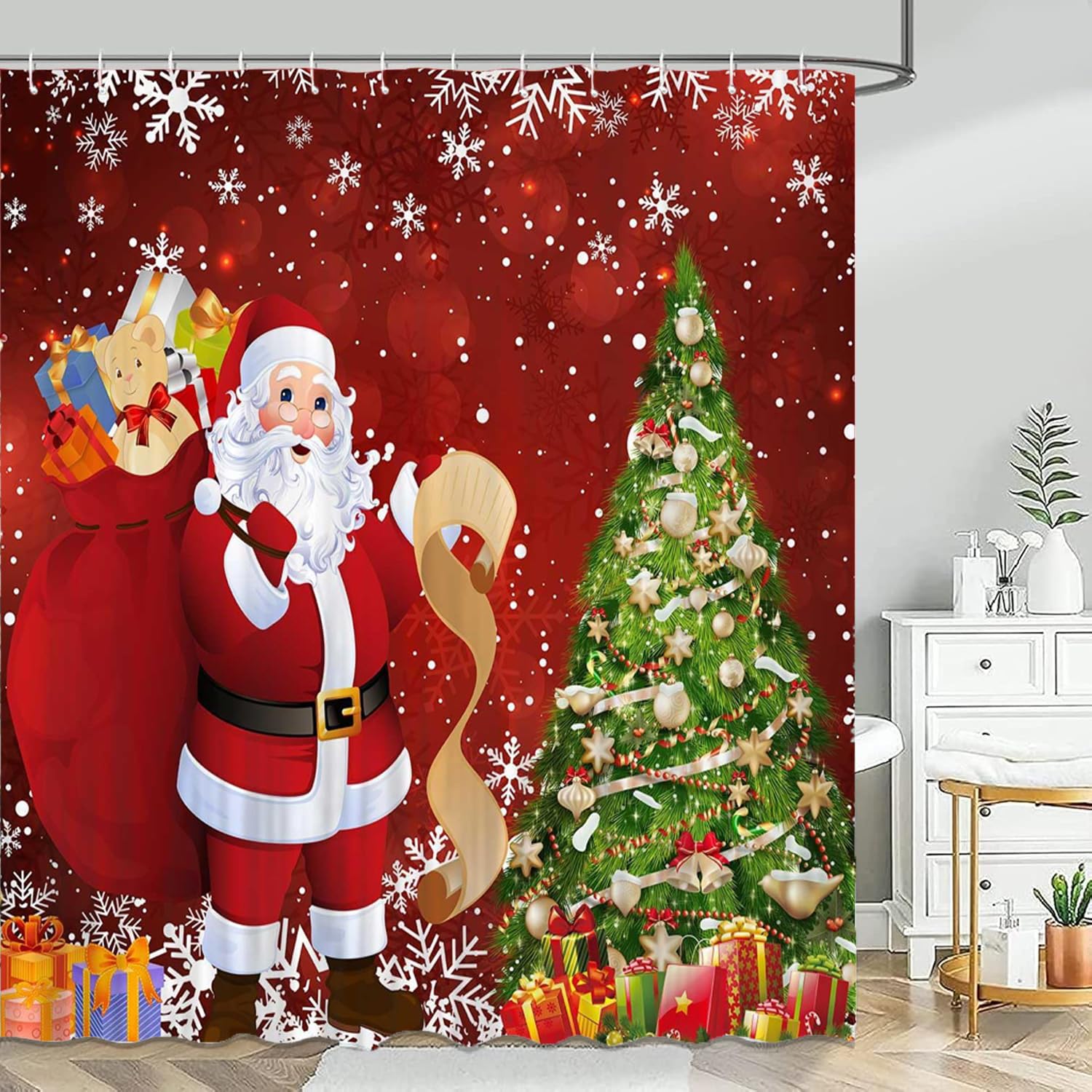 NBVKO 4PCS Christmas Santa Claus Snow Red Shower Curtain,with Non-Slip Rugs,Toilet Lid Cover and Bath Mat,Christmas Tree Bathroo