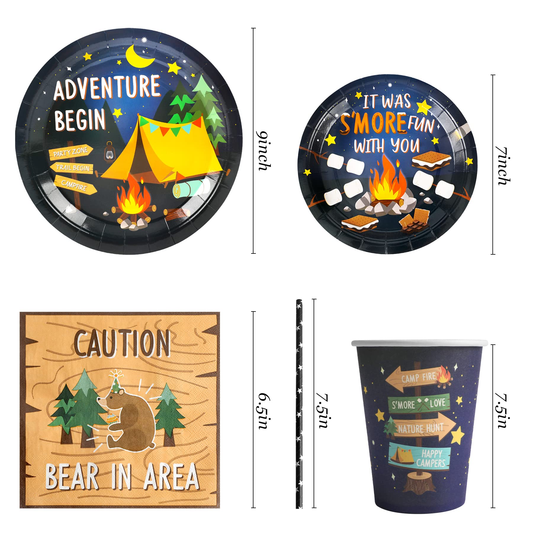 Camping Party Supplies Decorations, Campfire Hiking Camper Theme Birthday Paper Plates And Napkins Set With Cups And Straws For