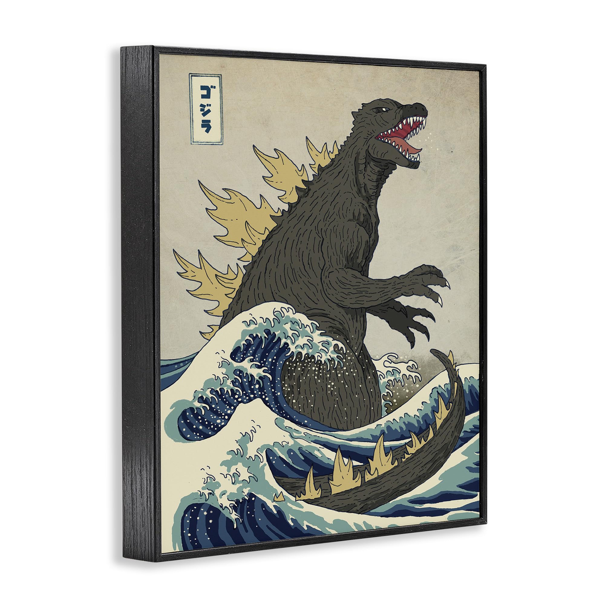 Stupell Industries Godzilla In The Waves Eastern Poster Style Illustration Framed Giclee Art Design By Artist Michael Buxton