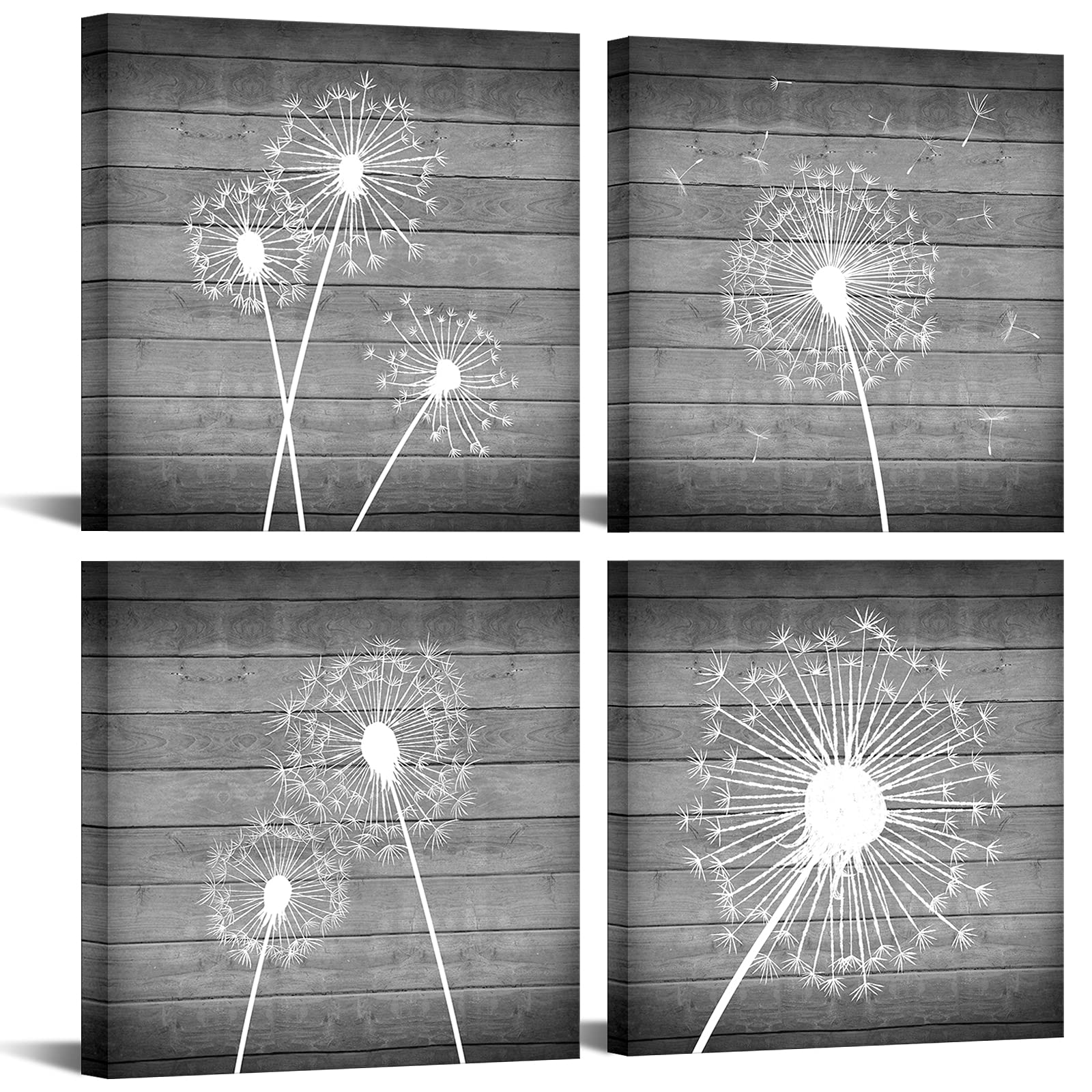 Sechars Dandelion Canvas Wall Art White And Grey Paintings Picture Decor Modern Bedroom Bathroom Decorations (12X12Inchesx4Pcs)