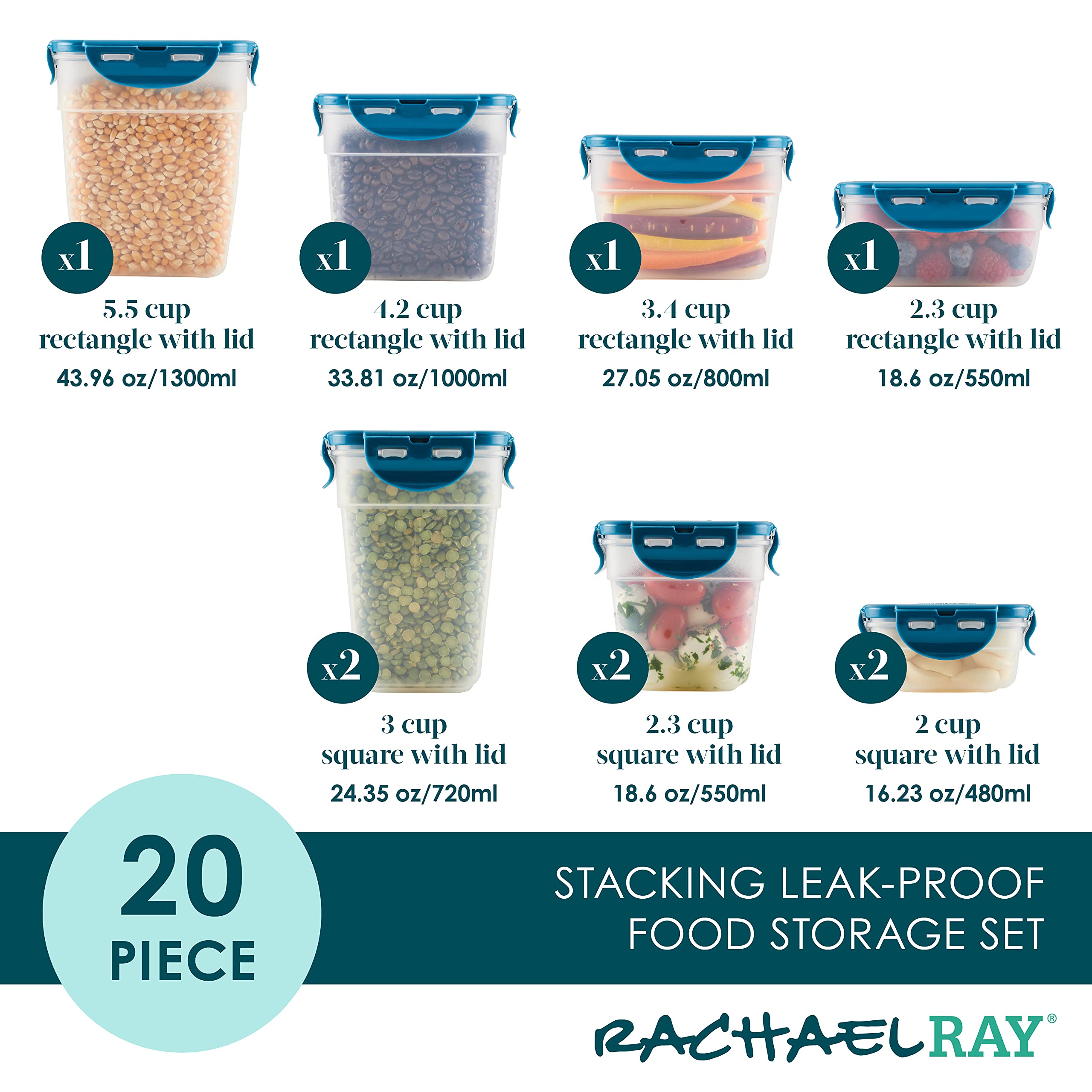 Rachael Ray Leak-Proof Stacking Container Food Storage Bin Set, 20-Piece, Clear With Teal Lids