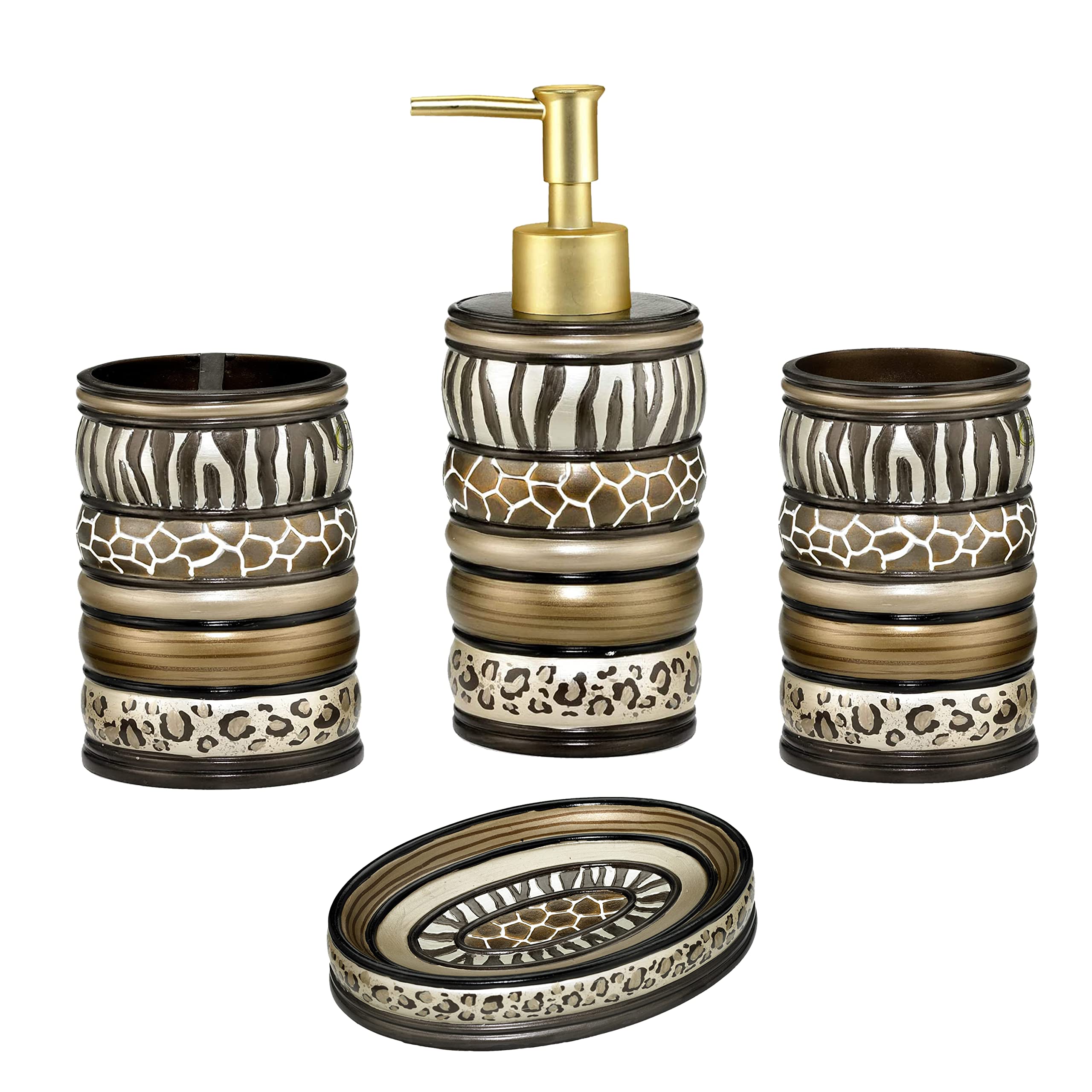 Zahari Home 4Pc Safari Stripes Stylish Bathroom Accessories Set Hand Soap Dispenser, Tumbler, Tooth Brush Holder And Soap Dish M