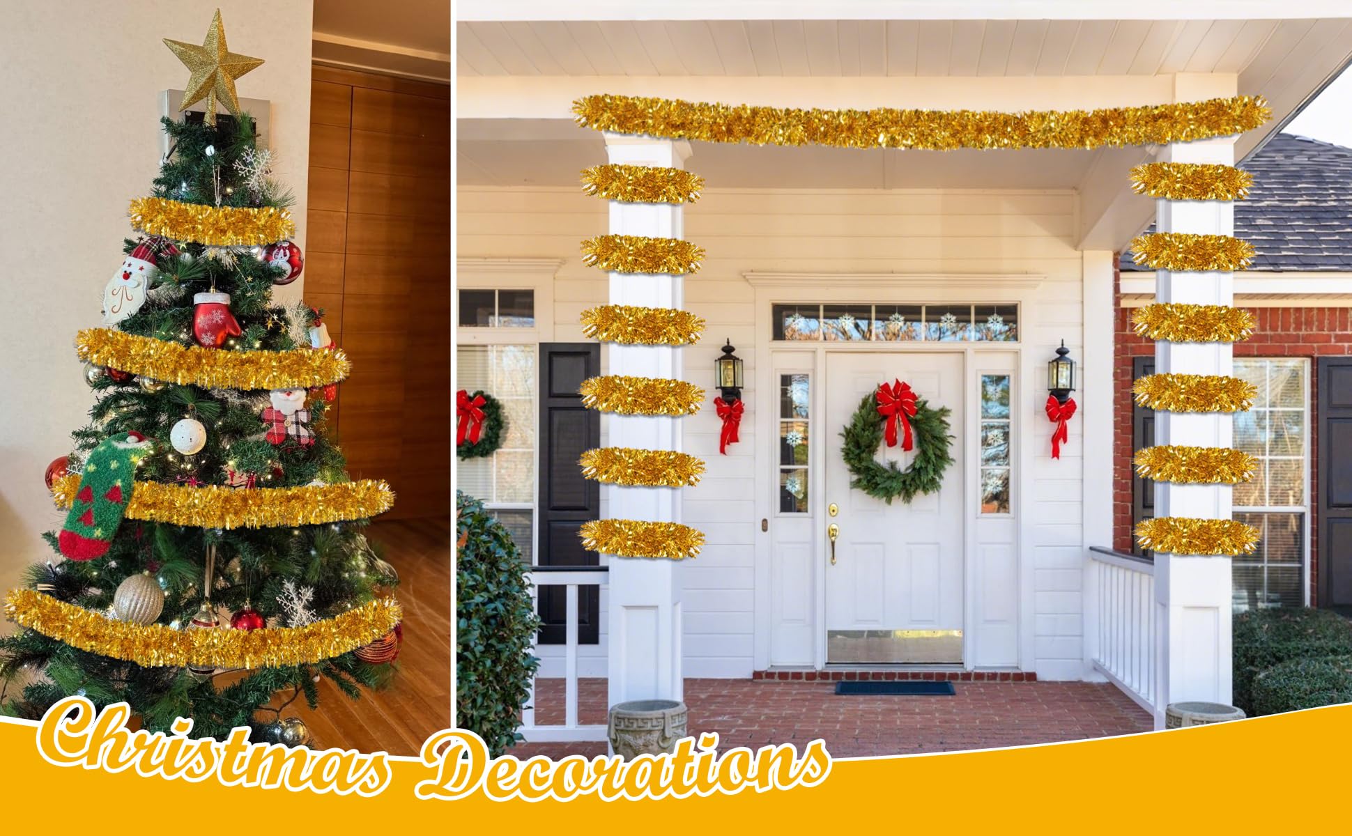 50Ft Gold Christmas Garland Decorations,Xams Tinsel Stems Non-Lit Soft Twist Garland Decor for Tree Stairs Railing Front Door Ma