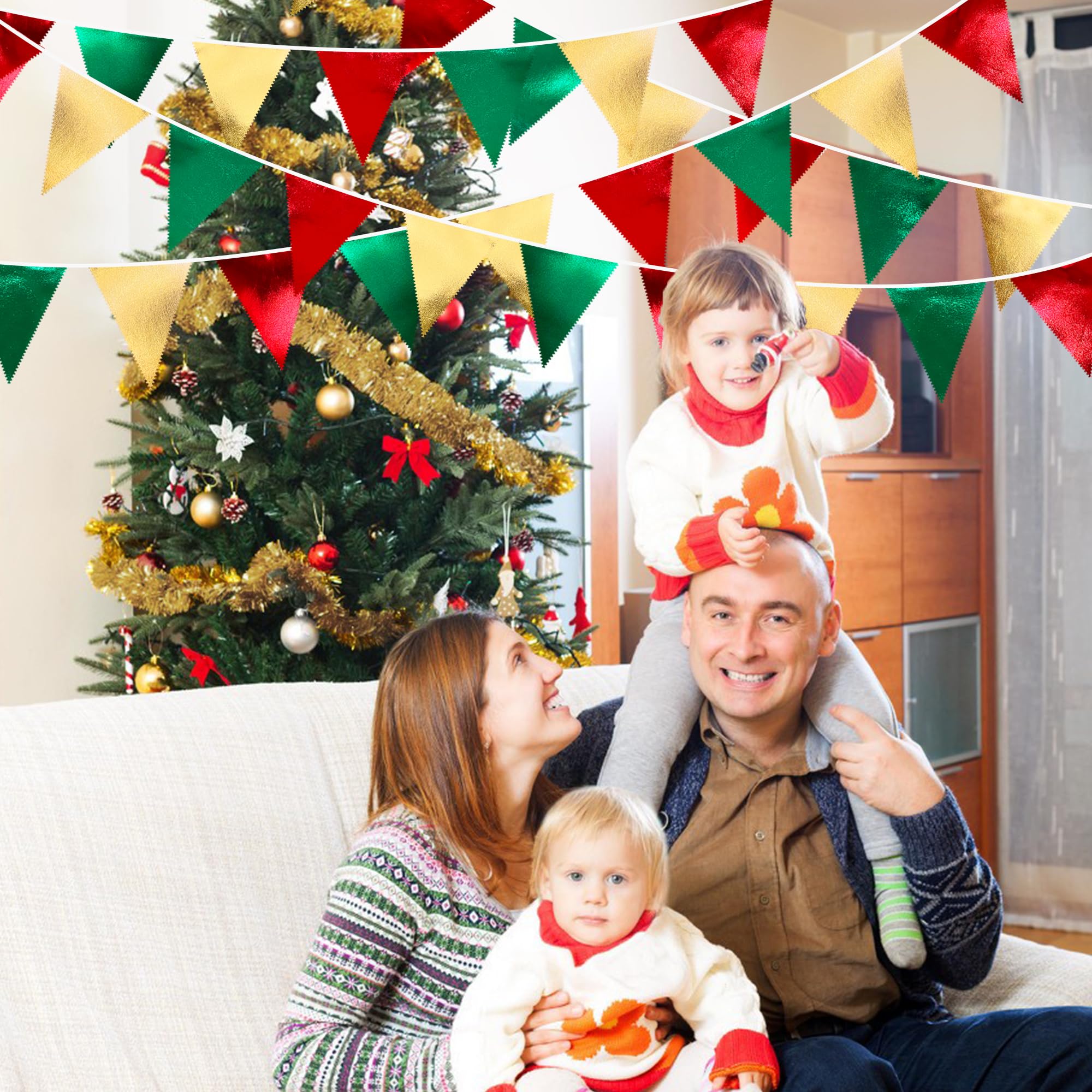 Christmas Party Decorations Triangle Pennant Banner Flag Red Green Gold Metallic Fabric Bunting Garland For Xmas Holiday Wedding