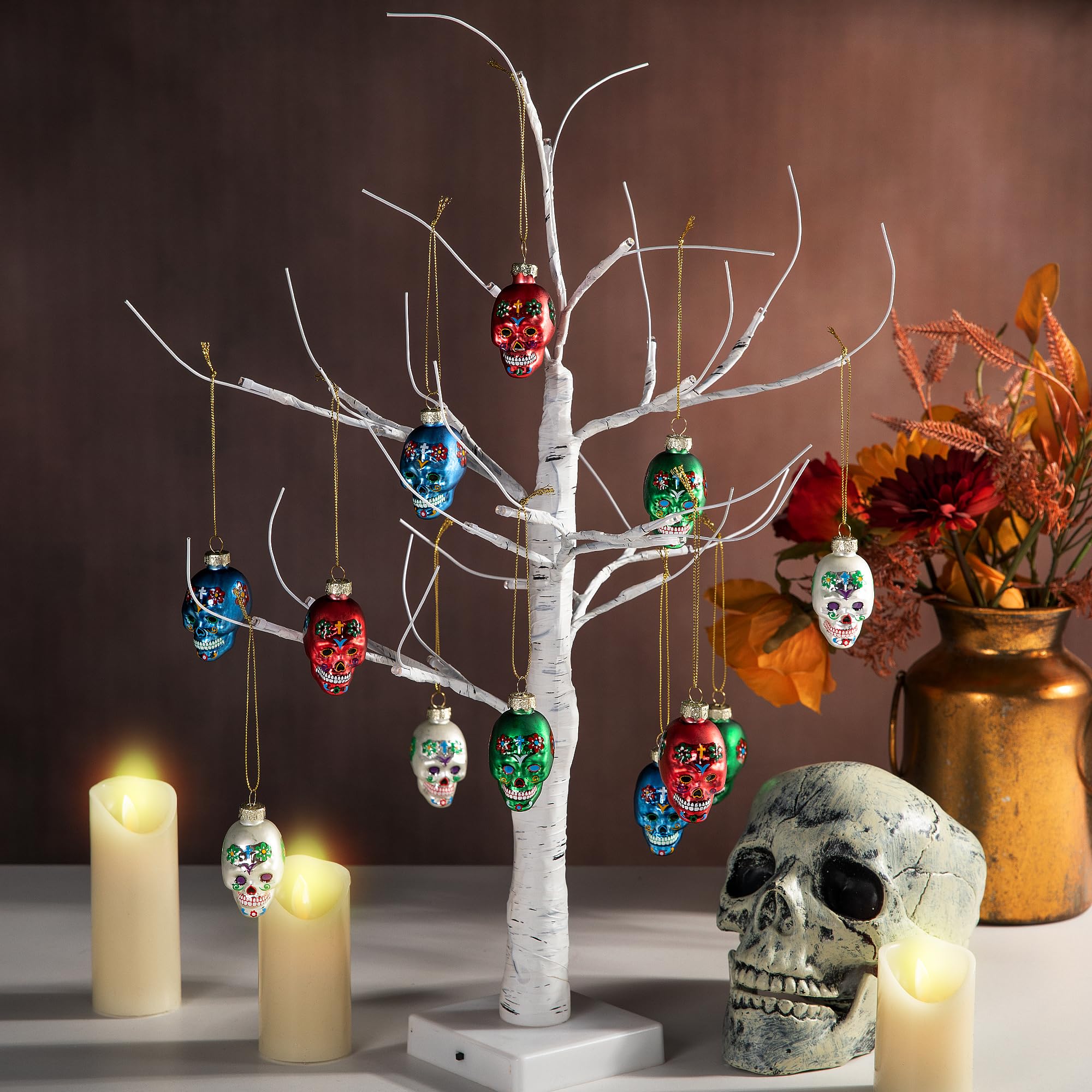12pcs Day of The Dead Glass Ornaments - Dia De Los Muertos Sugar Skull Ornaments - Halloween Hanging Skeleton Head Ornament for