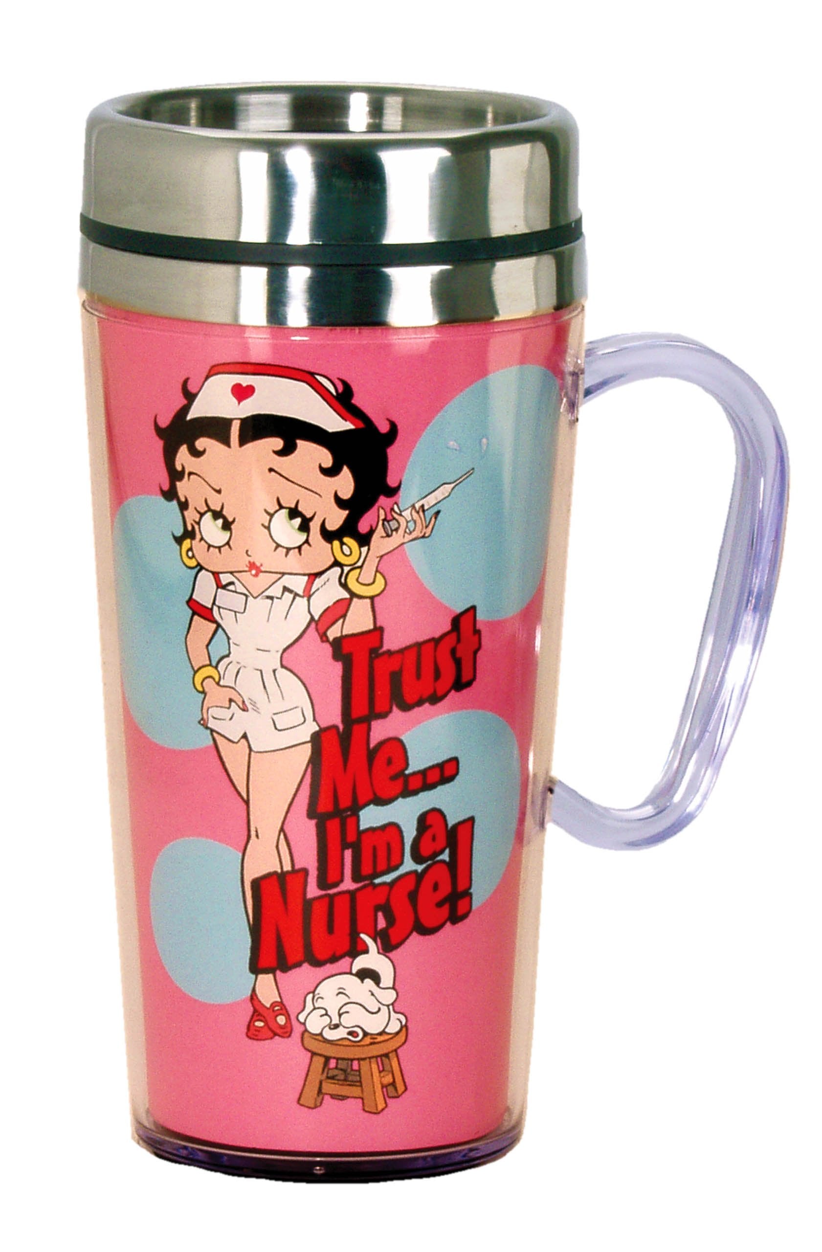 Spoontiques - Insulated Travel Mug - Betty Boop Nurse Coffee Cup - Coffee Lovers Gift - Funny Coffee Mug - 14 oz - Pink