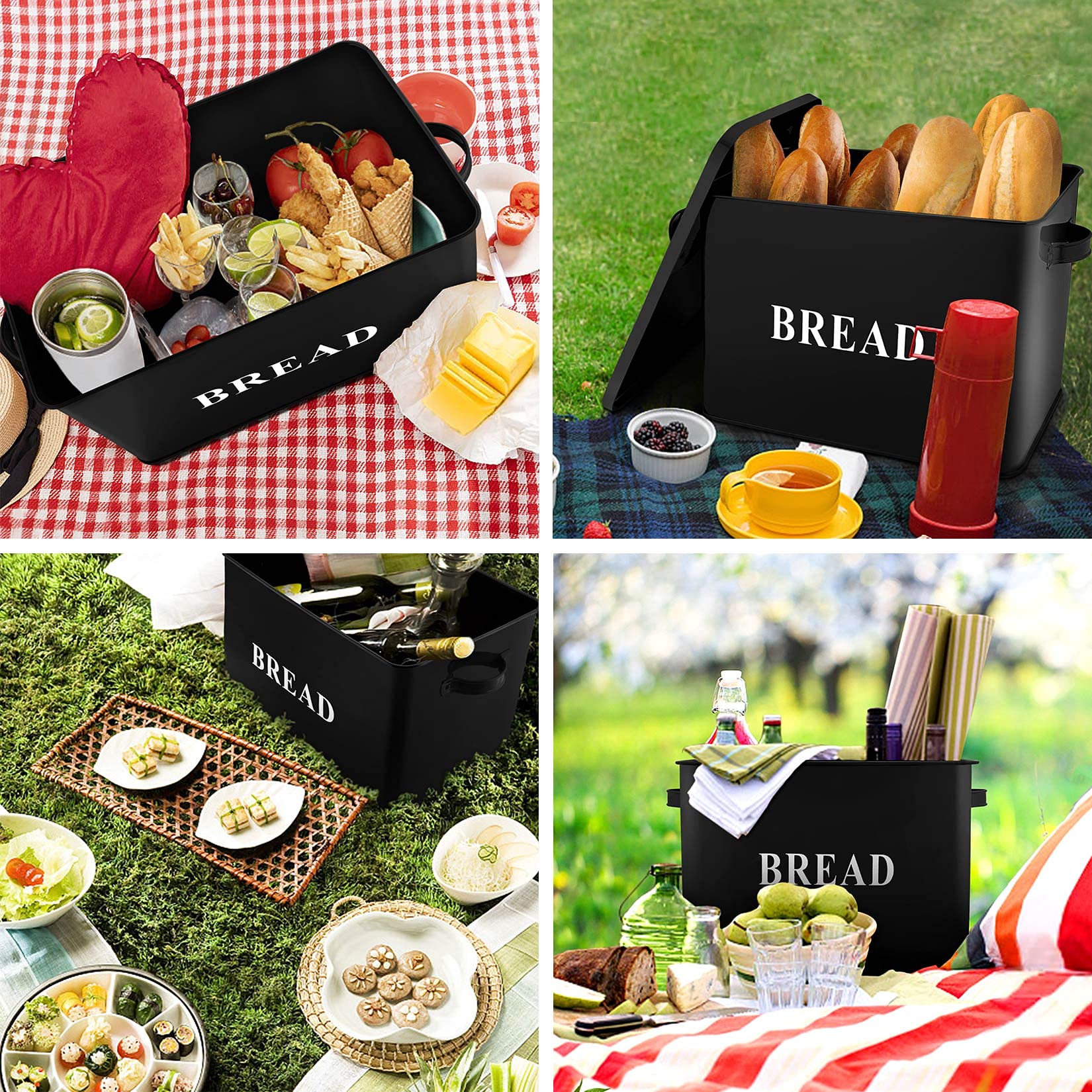 P&P Chef Extra Large Black Bread Box With Lid, Metal Bread Storage Container For Farmhouse Kitchen Countertop, 13.1    X 11.81