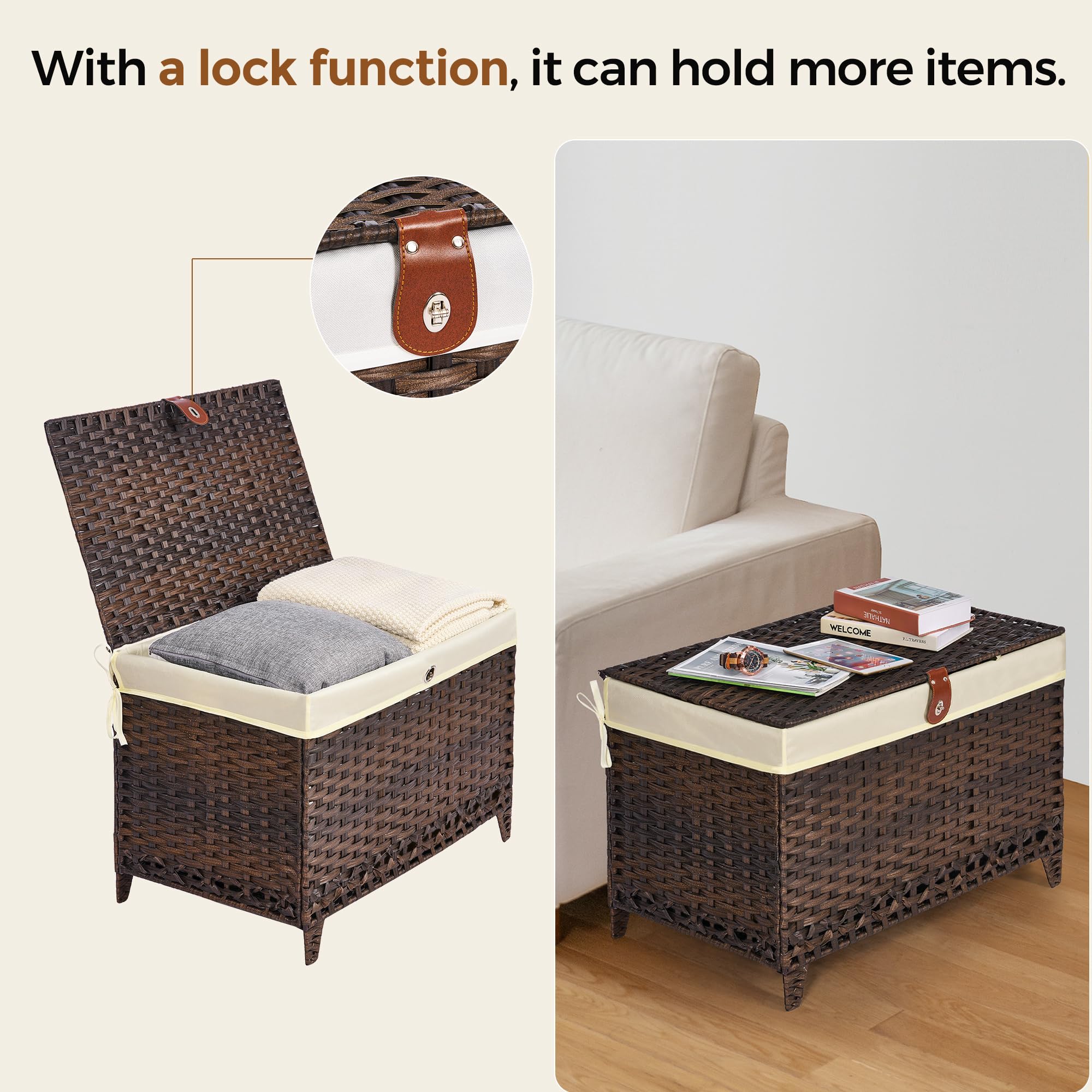 Honjourai Wicker Storage Basket With Lid,Rattan Shelf Basket With Removable Liner Bag,105L Storage Bin,Storage Trunk With Height
