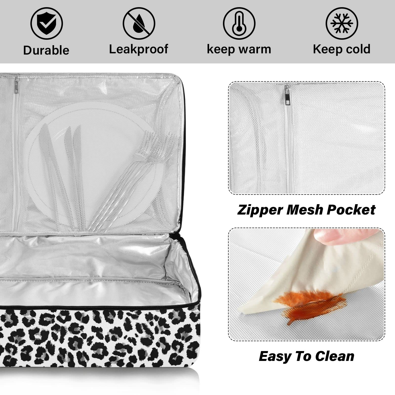 Insulated Casserole Carrier Bag For Hot Or Cold Food White Leopard Black Cheetah With Dish Storage Potluck Party Picnic