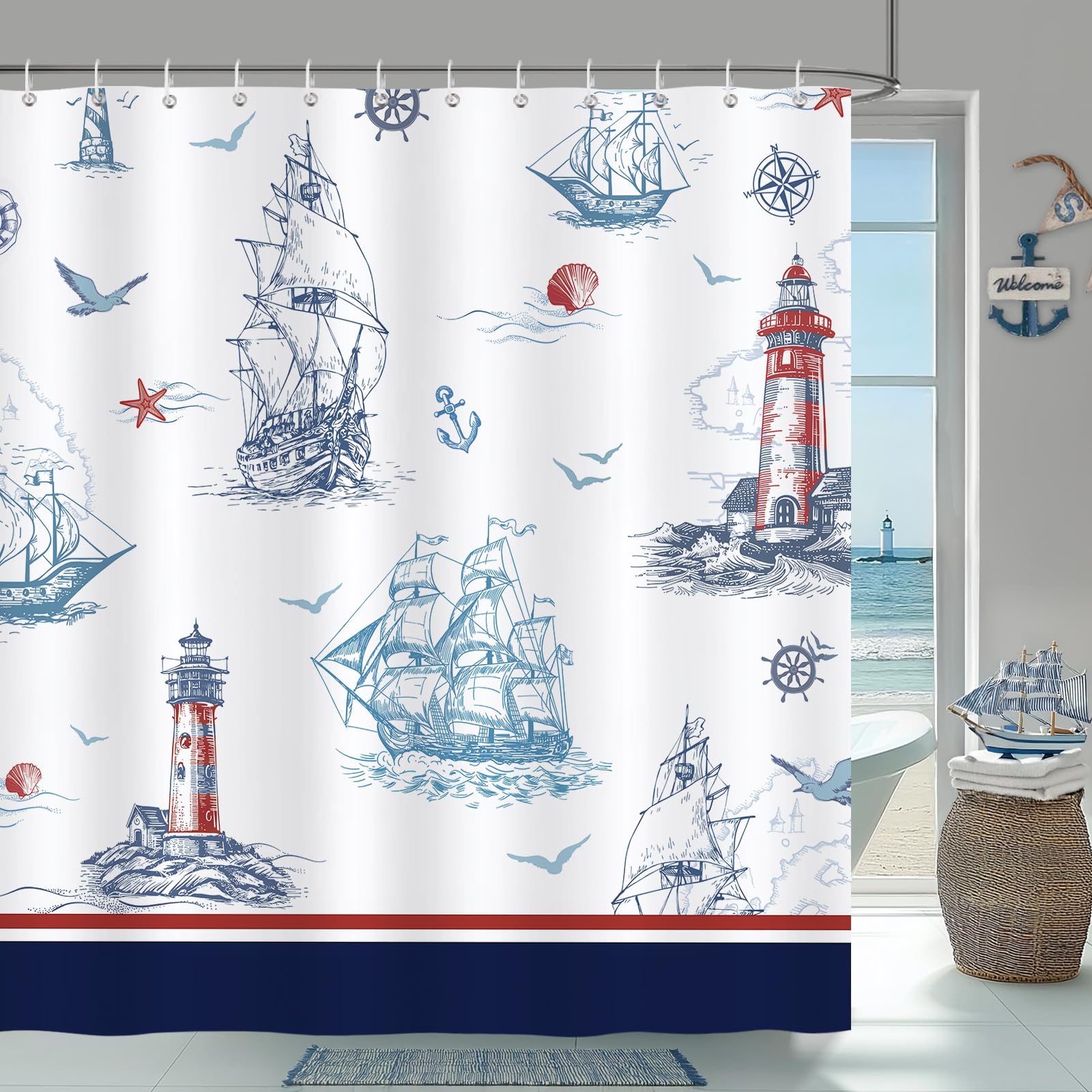 Bonhause Navy Blue Nautical Shower Curtain, Lighthouse Sailboat Anchor Coastal Beach Bathroom Decor 72 X 72 Inch Polyester Fabri