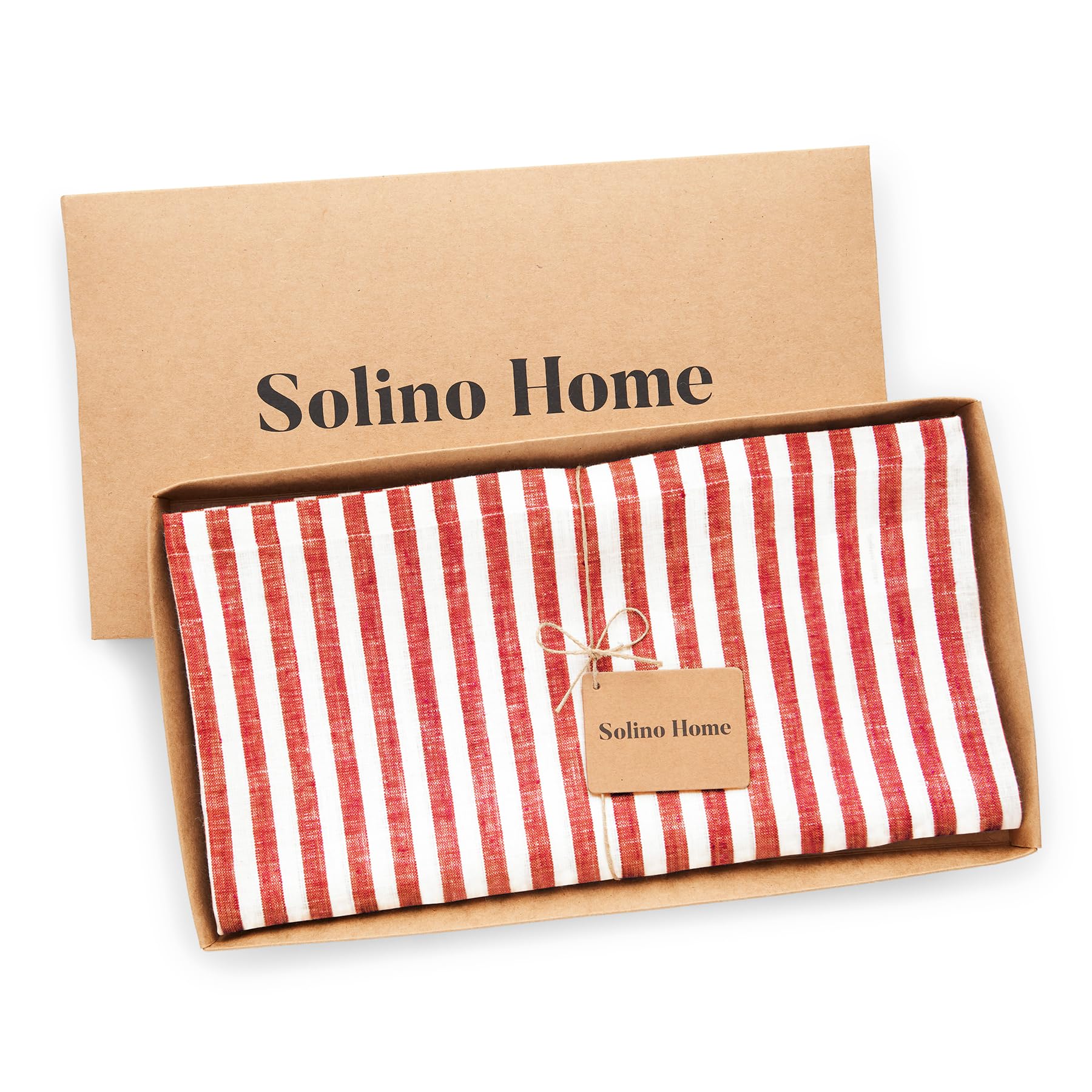 Solino Home Stripe Linen Tablecloth - 100% Pure Linen Red And White Table Throw 52 X 52 Inch For Spring - Handcrafted And Machin
