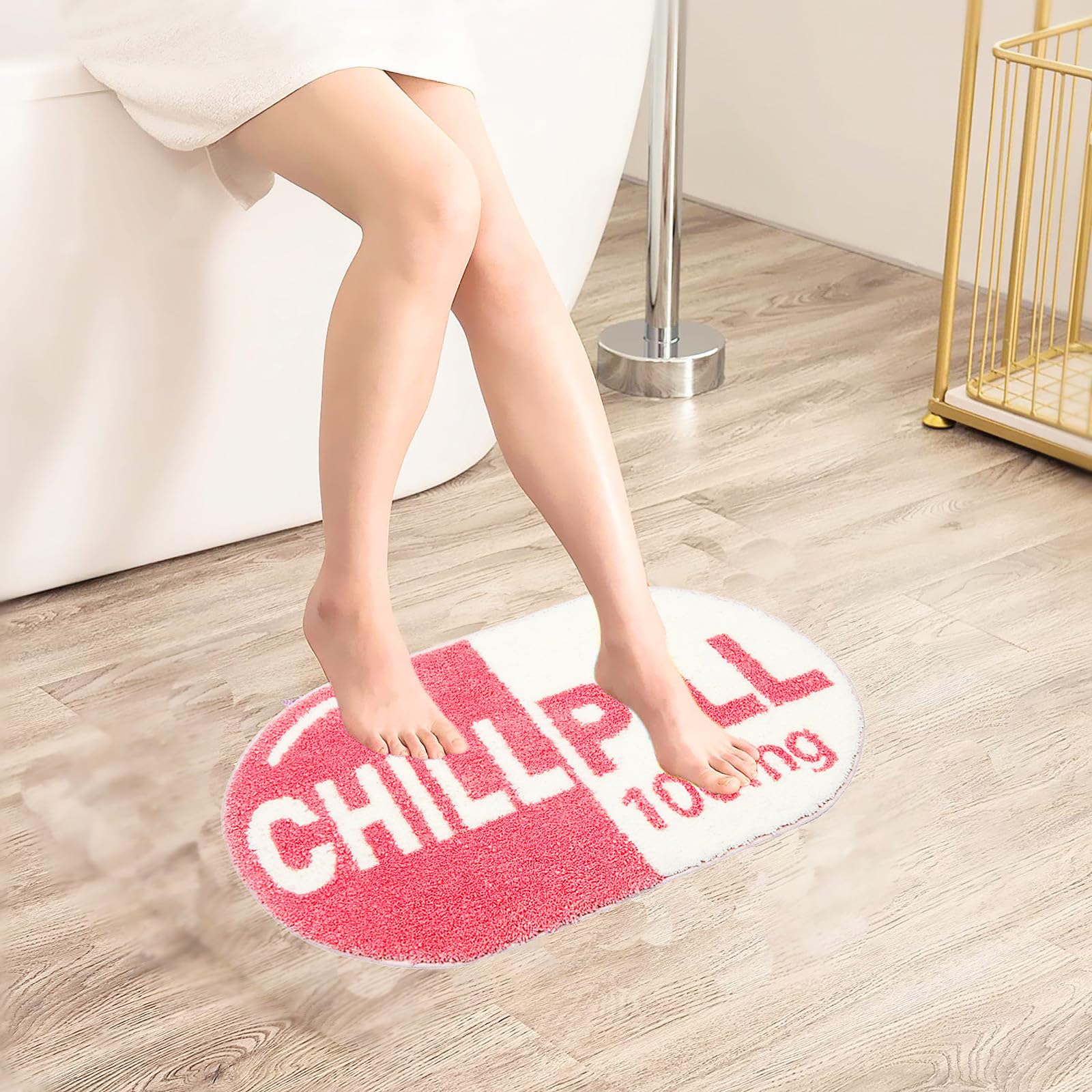 Ukeler Cute Chill Pill Bath Mat Pink Funny Absorbent Small Bathroom D  Cor Rug Non Slip Washable Accent Bathroom Rugs For Shower
