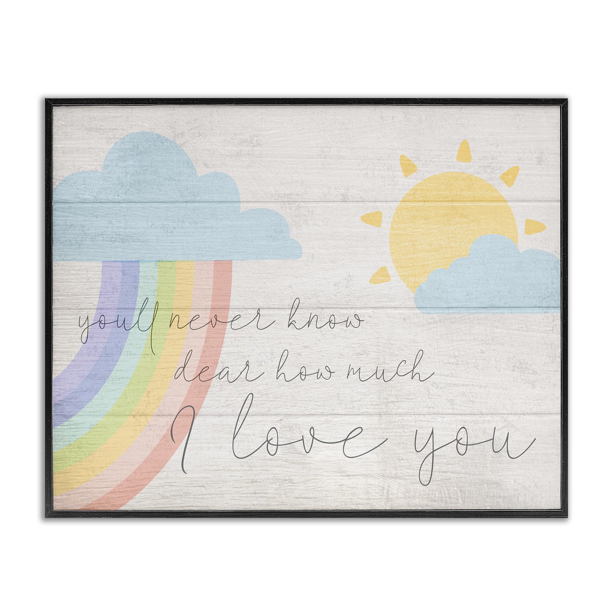 Stupell Industries How Much I Love You Rainbow Clouds and Sun on Planks Framed Giclee Texturized Art, 16x20, Multicolor