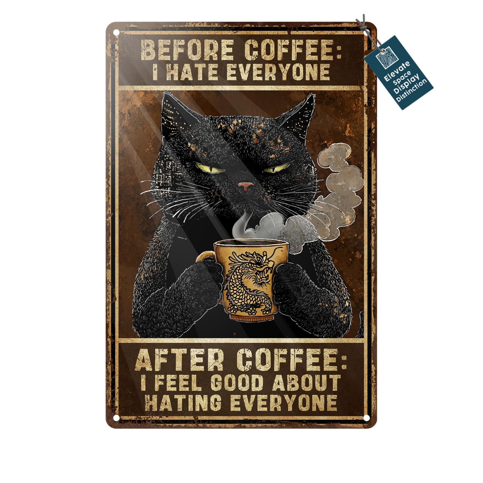 Waltheon Funny Black Cat Coffee Metal Sign Vintage Retro Tin Poster for Kitchen Wall Decor Humorous Gift for Coffee Lovers 8x12 