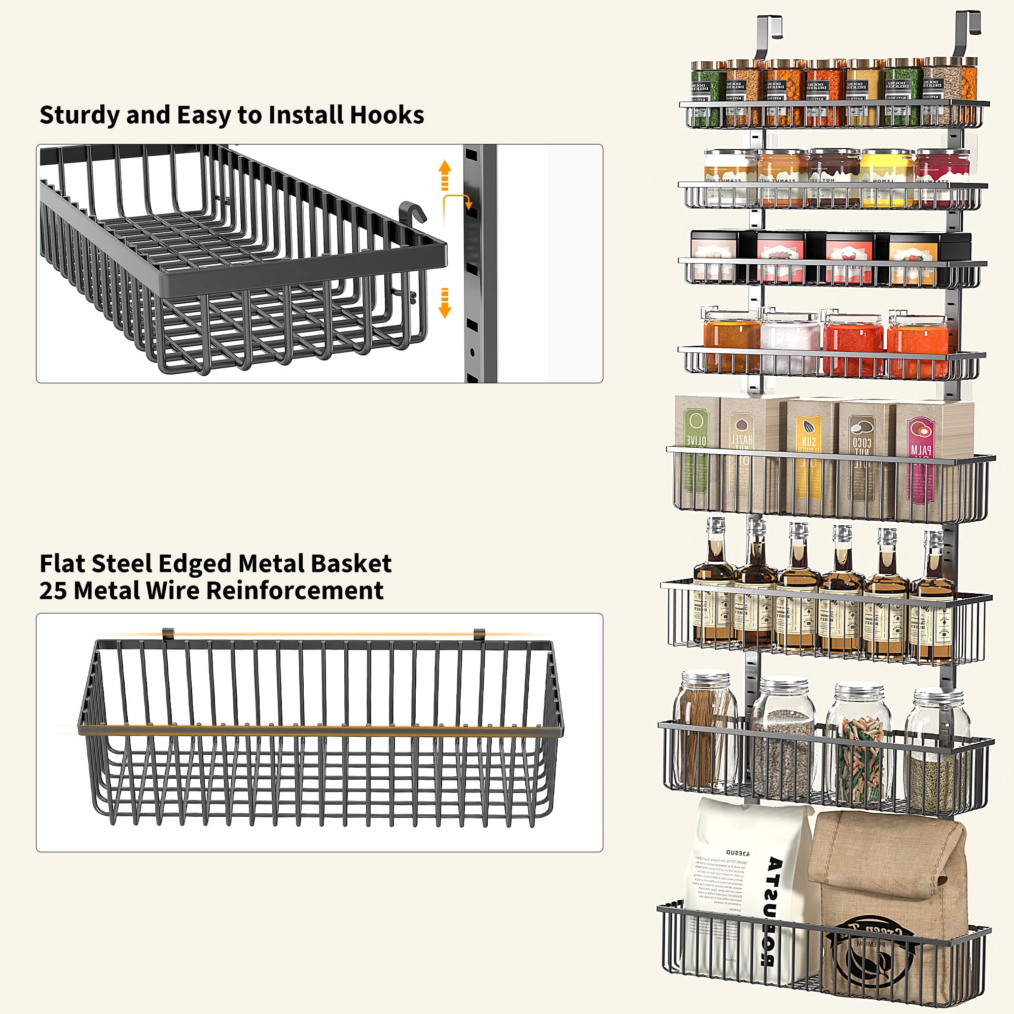 Moforoco Over The Door Pantry Organizer, Pantry Door Organizer Shelves, Kitchen Organizers and Storage, Hanging Basket Wall Spic