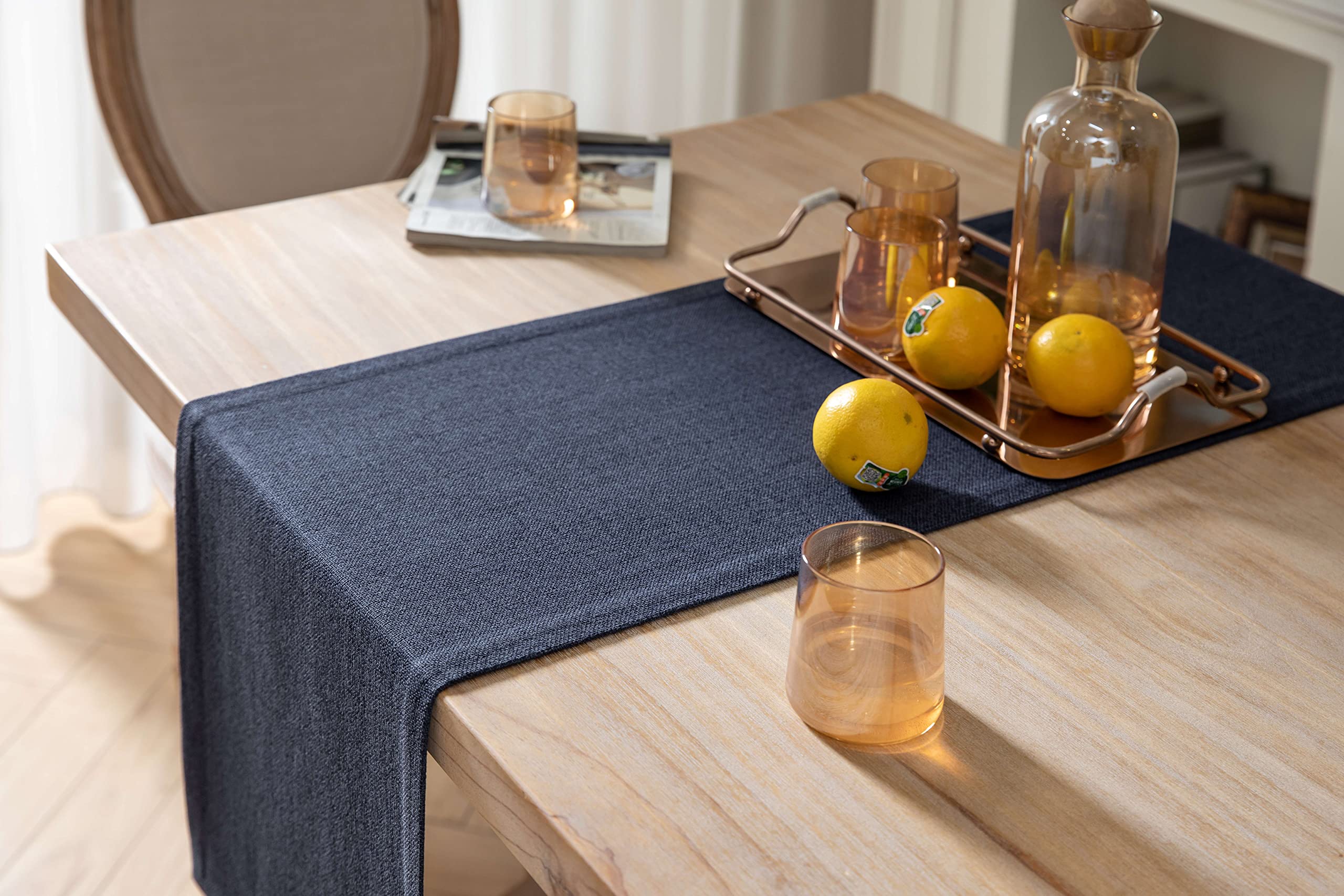 Zeemart Burlap Style Farmhouse Table Runners 72 Inches Long, Navy Rustic Woven Dining Table Runner For Everyday Use, 14X72 Inche