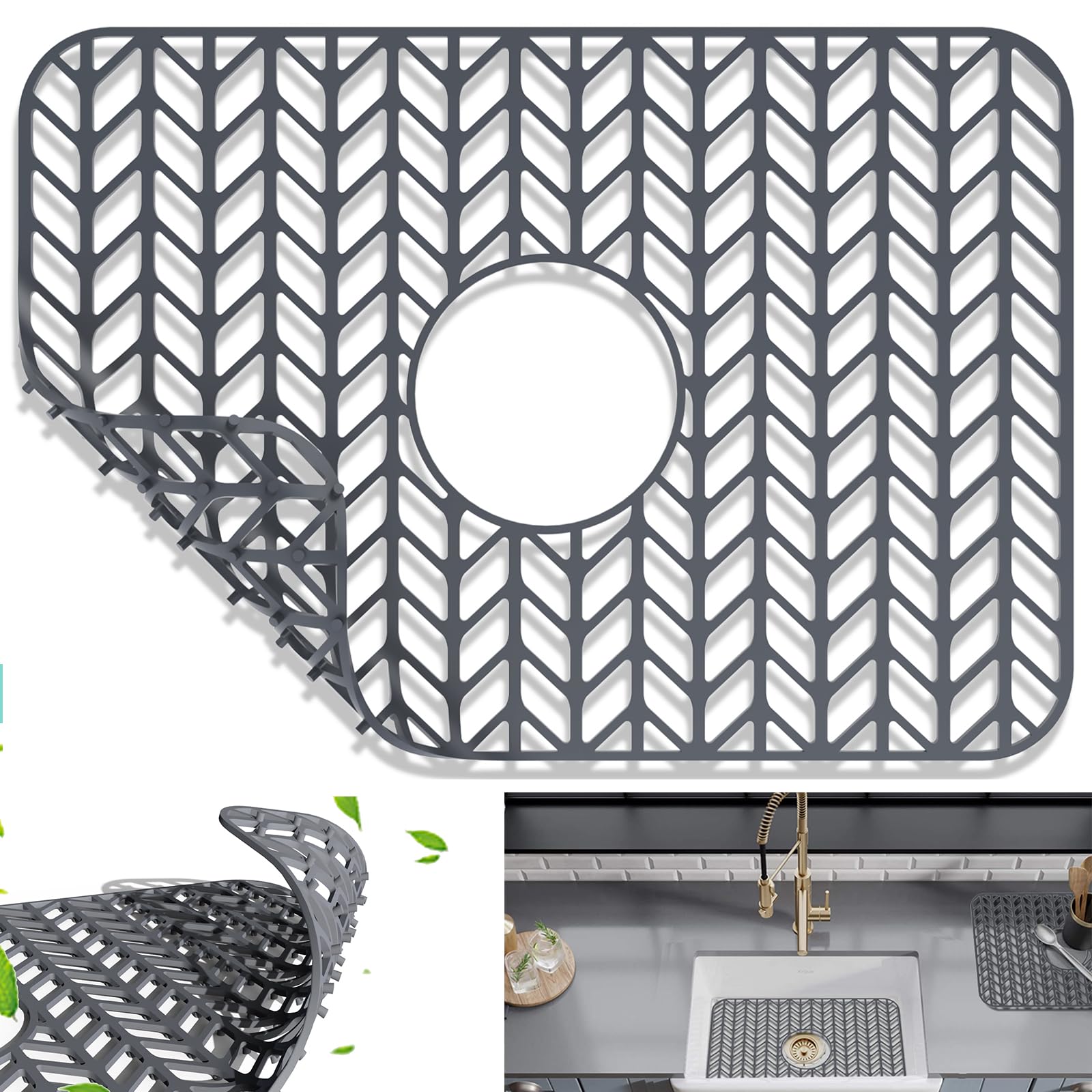 AWOKE Sink Protectors for Kitchen Sink  16.2''x 12.5'' Kitchen Sink Mats for Bottom of Kitchen Sink  Sink Inserts for Kitchen Sink of Stainless Steel Sink  Center Drain (Grey)