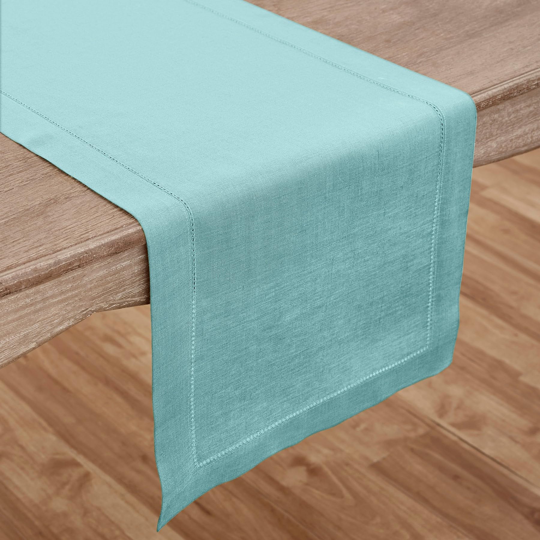 Solino Home Linen Aqua Blue Table Runner 120 Inches Long - 100% Pure Linen Classic Hemstitch Dining Table Runner 14 X 120 Inch I