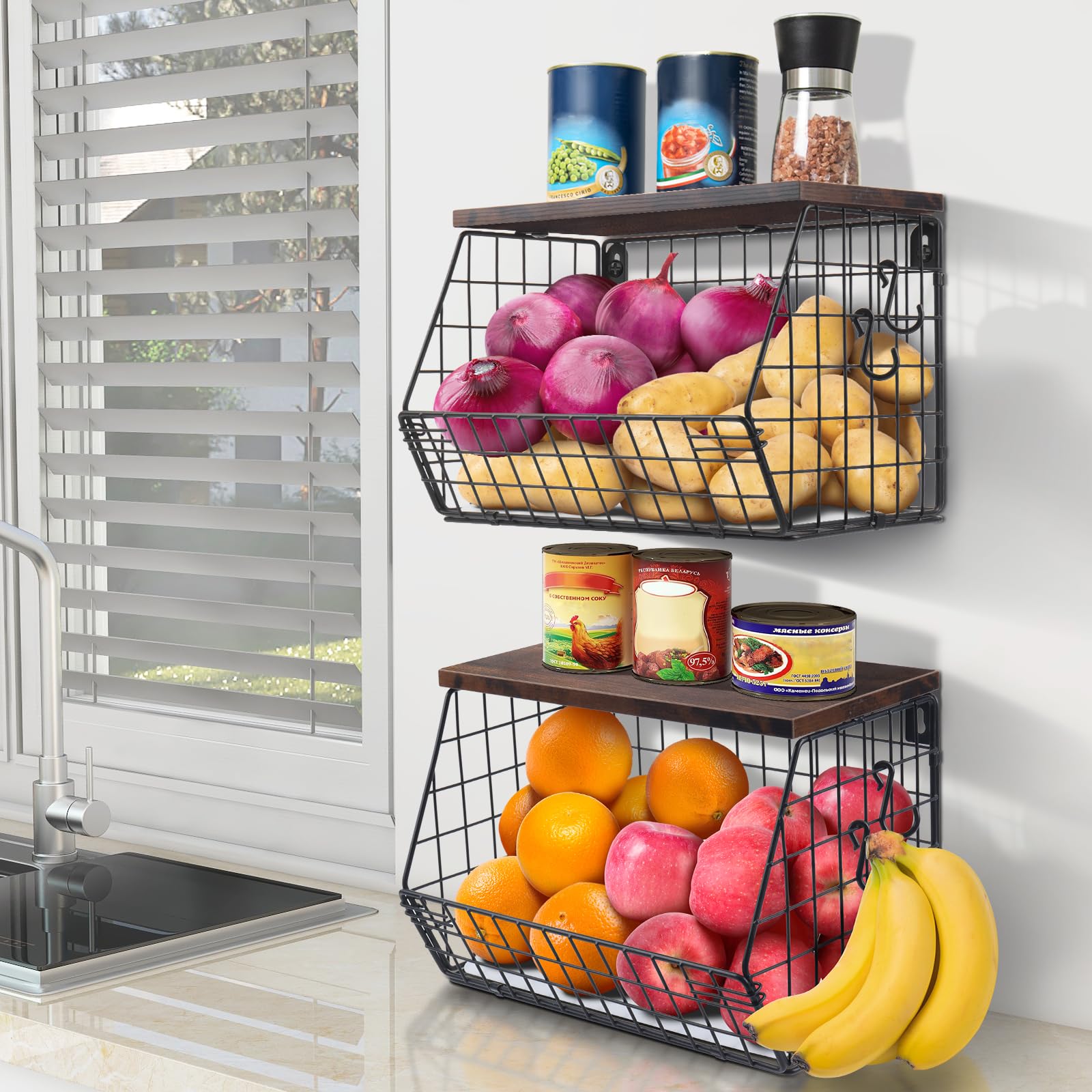 Mefirt 2Pcs Fruit Basket Kitchen Storage Wire Baskets With Wood Lid, Stackable Wall-Mounted Countertop Kitchen Counter Organizer