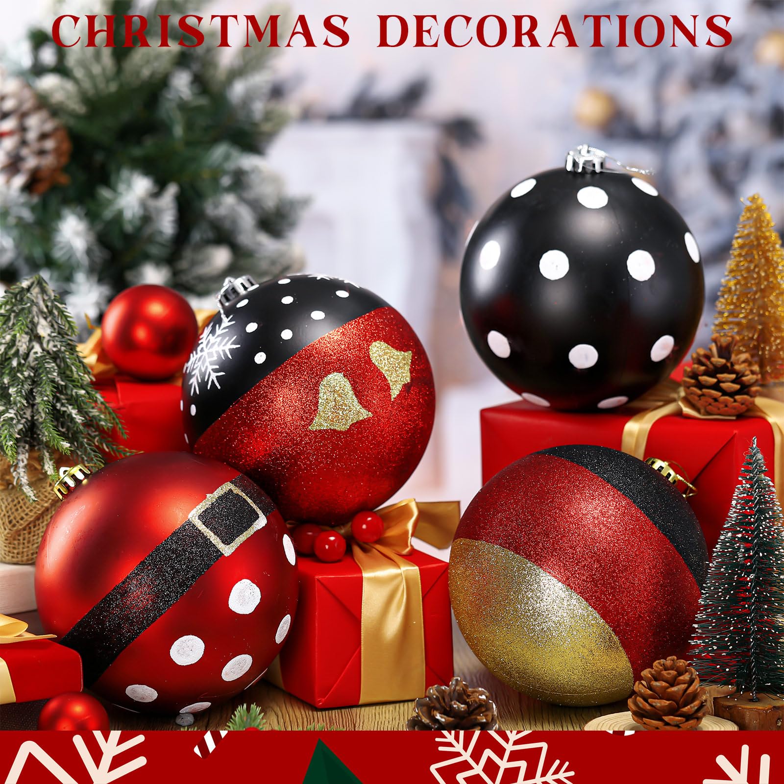 Tigeen 4 Pcs 6'' Large Mouse Christmas Ball Ornaments Extra Large Red Black Yellow Bell Hanging Ornaments 150mm Glitter Winter M