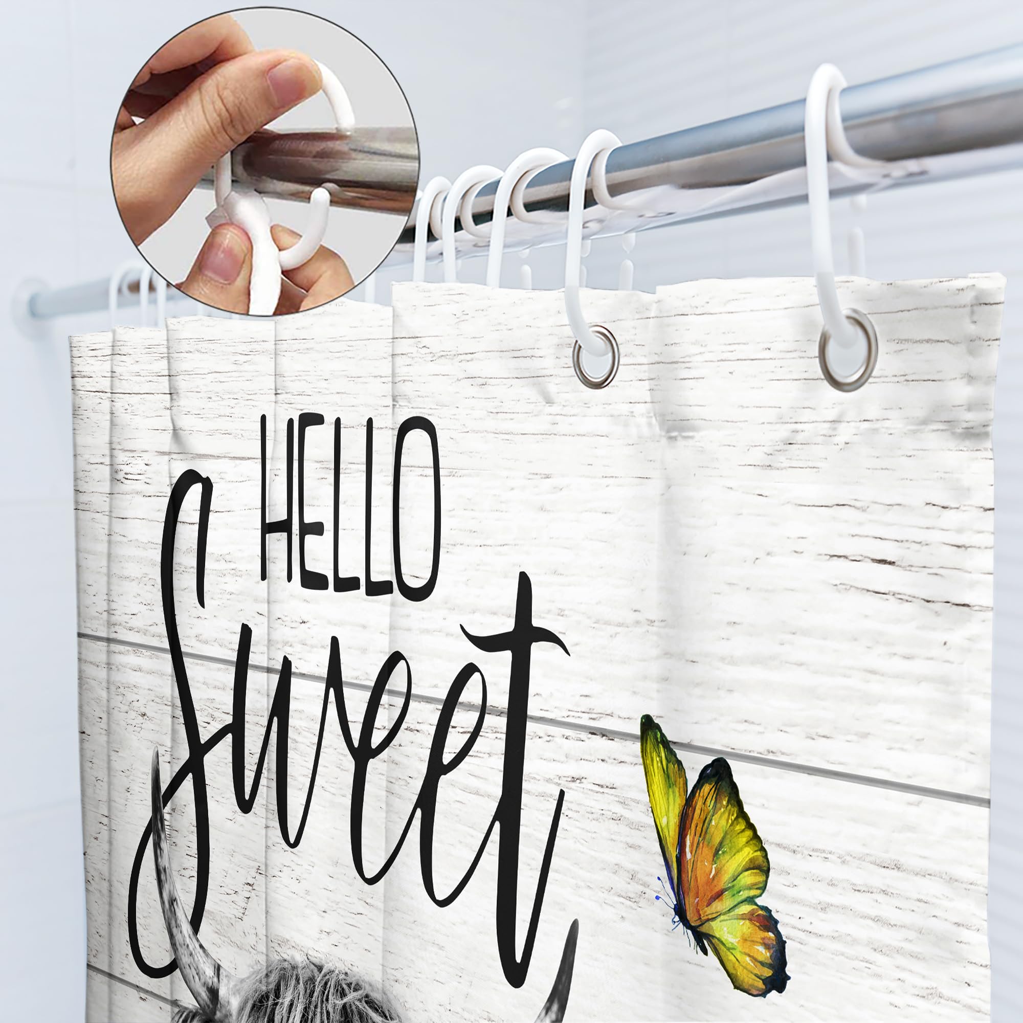 Svbright Highland Cow Shower Curtain 60Wx72L Inch Eucalyptus Funny Spring Cattle Bull Western Animal Truck Rustic Woodnature Far