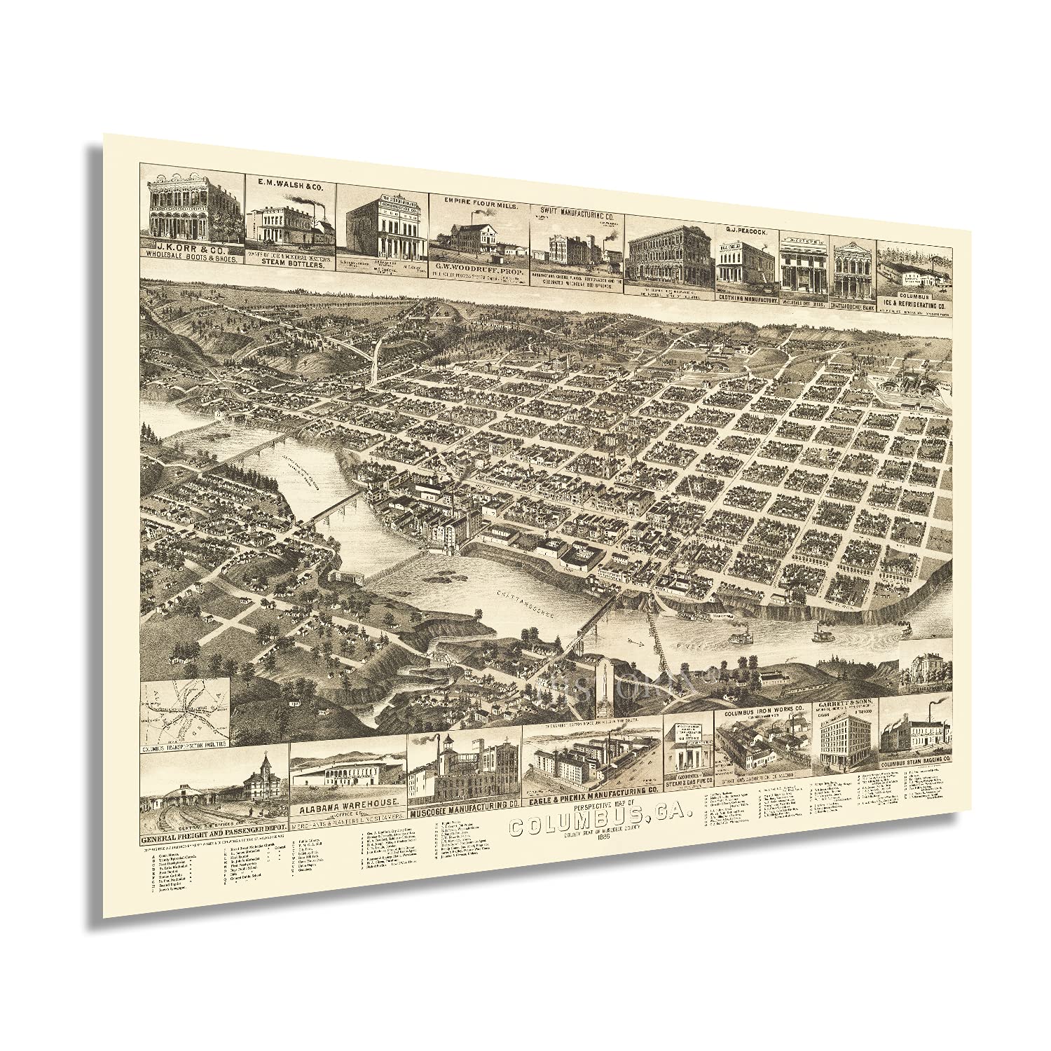 Historix Vintage 1886 Columbus Georgia Map - 24X36 Inch Vintage Columbus Georgia Wall Art - History Map Of Columbus Ga Poster -