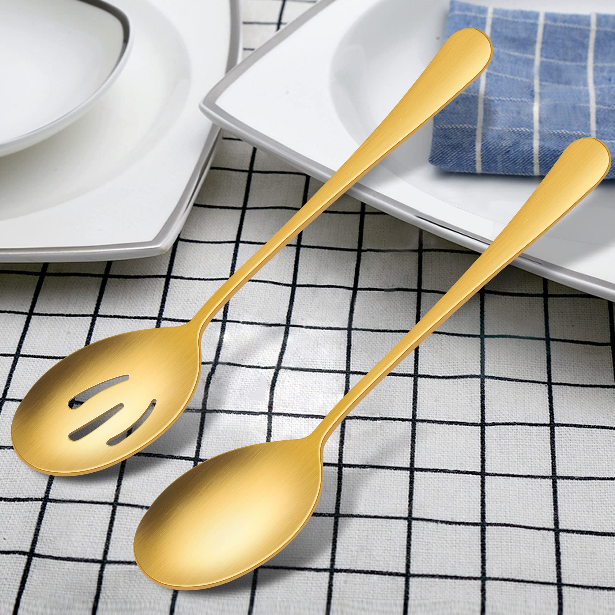 Lianyu 5-Piece Matte Gold Serving Utensils Set, Stainless Steel Serving Set Include Serving Spoon Fork, Flatware Serving Pieces