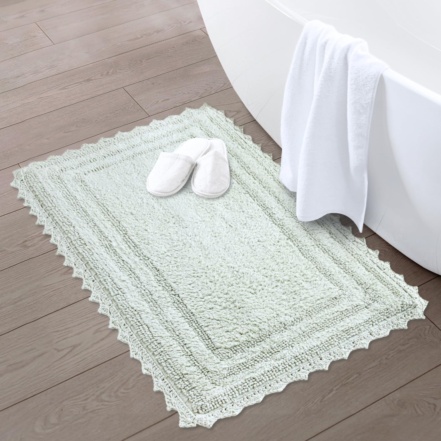 RAJRANG BRINGING RAJASTHAN TO YOU Bath Rug for Bathroom Kitchen Spa with Crochet Cotton Absorbent Soft Reversible Woven Bath Mat Meadow Mist Rectangle 34x21 Inches
