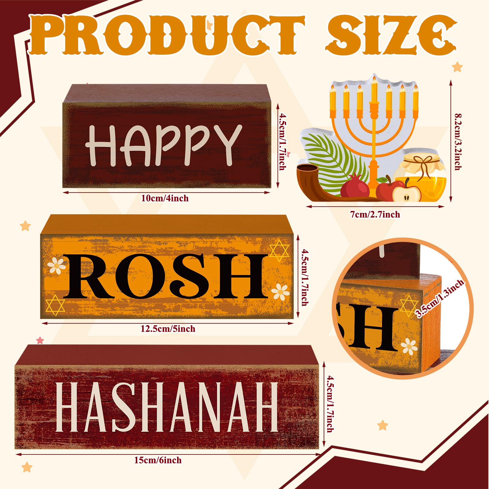 4 Pcs Rosh Hashanah Tables Decorations Happy Rosh Hashanah Wooden Tabletop Jewish New Year Party Decorations Rustic Block Center